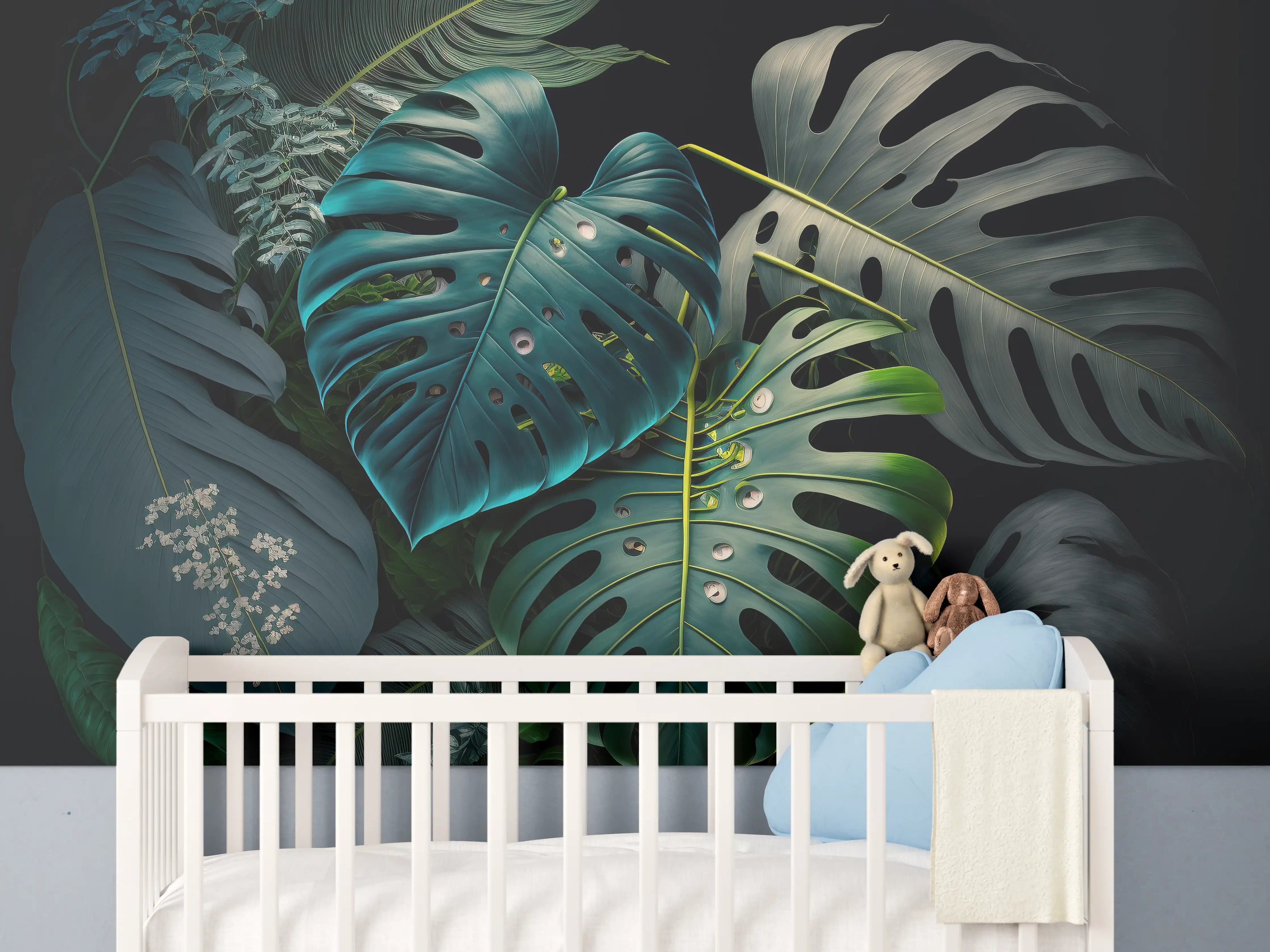 Babyzimmer Wandgestaltung - Dunkelgrüne tropische Blätter auf schwarzem Hintergrund