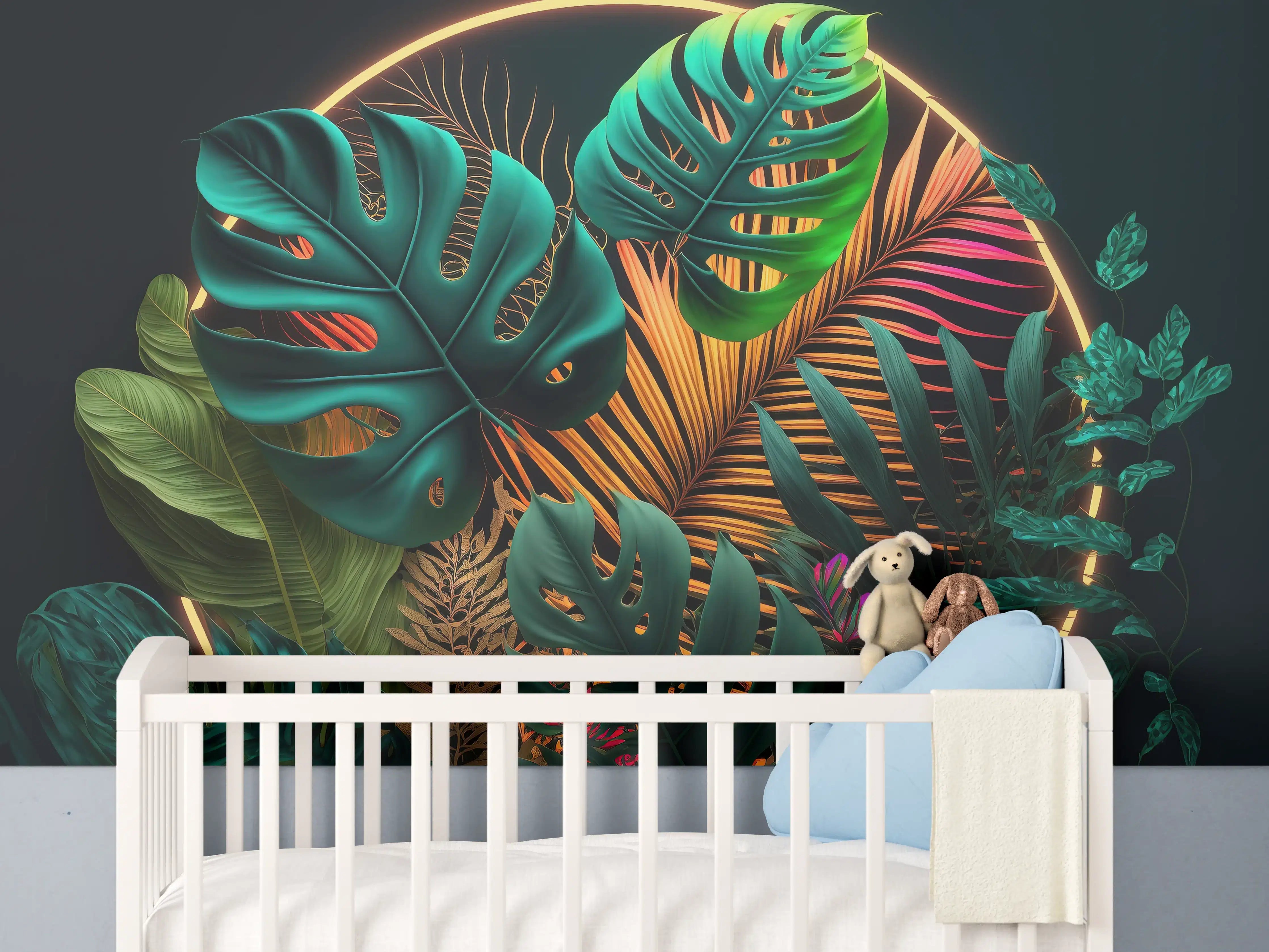 Babyzimmer Wandgestaltung - Dunkelgrüne tropische Blätter buntes Neonlicht