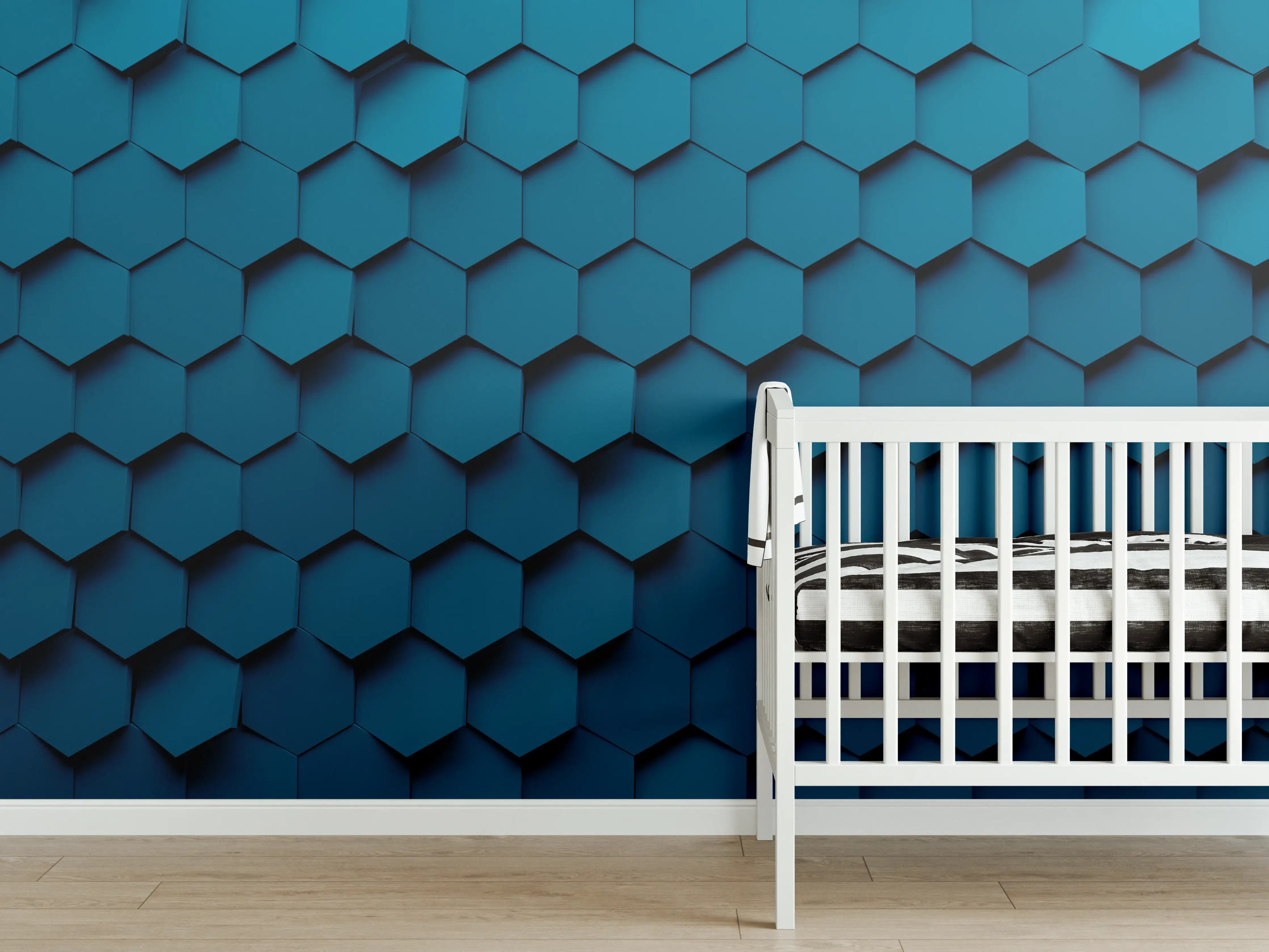 Babyzimmer Wandgestaltung - Dunkle blaue 3D-Wandpaneele mit Hexagon-Motiv