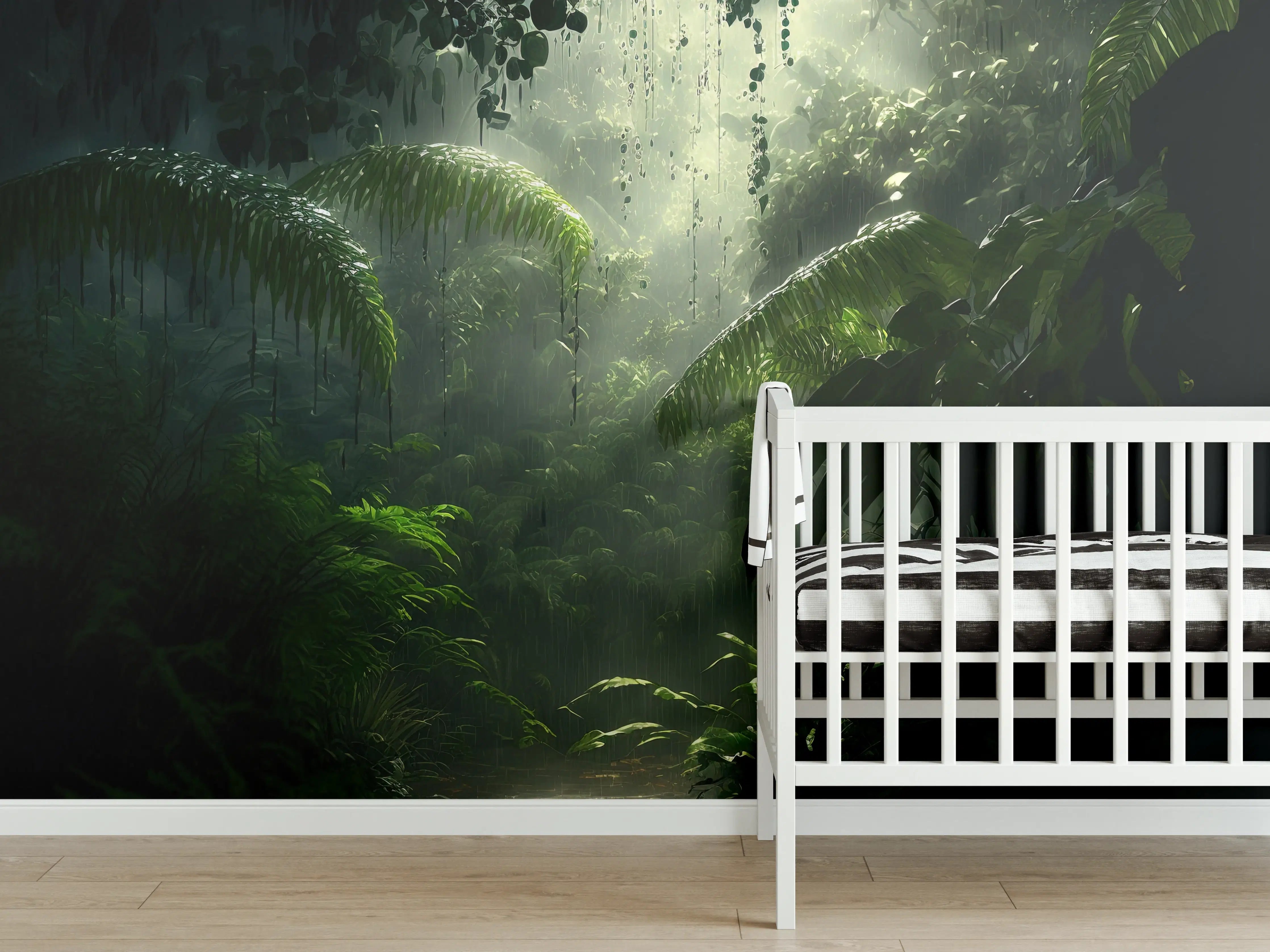 Babyzimmer Wandgestaltung - Dunkler tropischer Wald im Regen