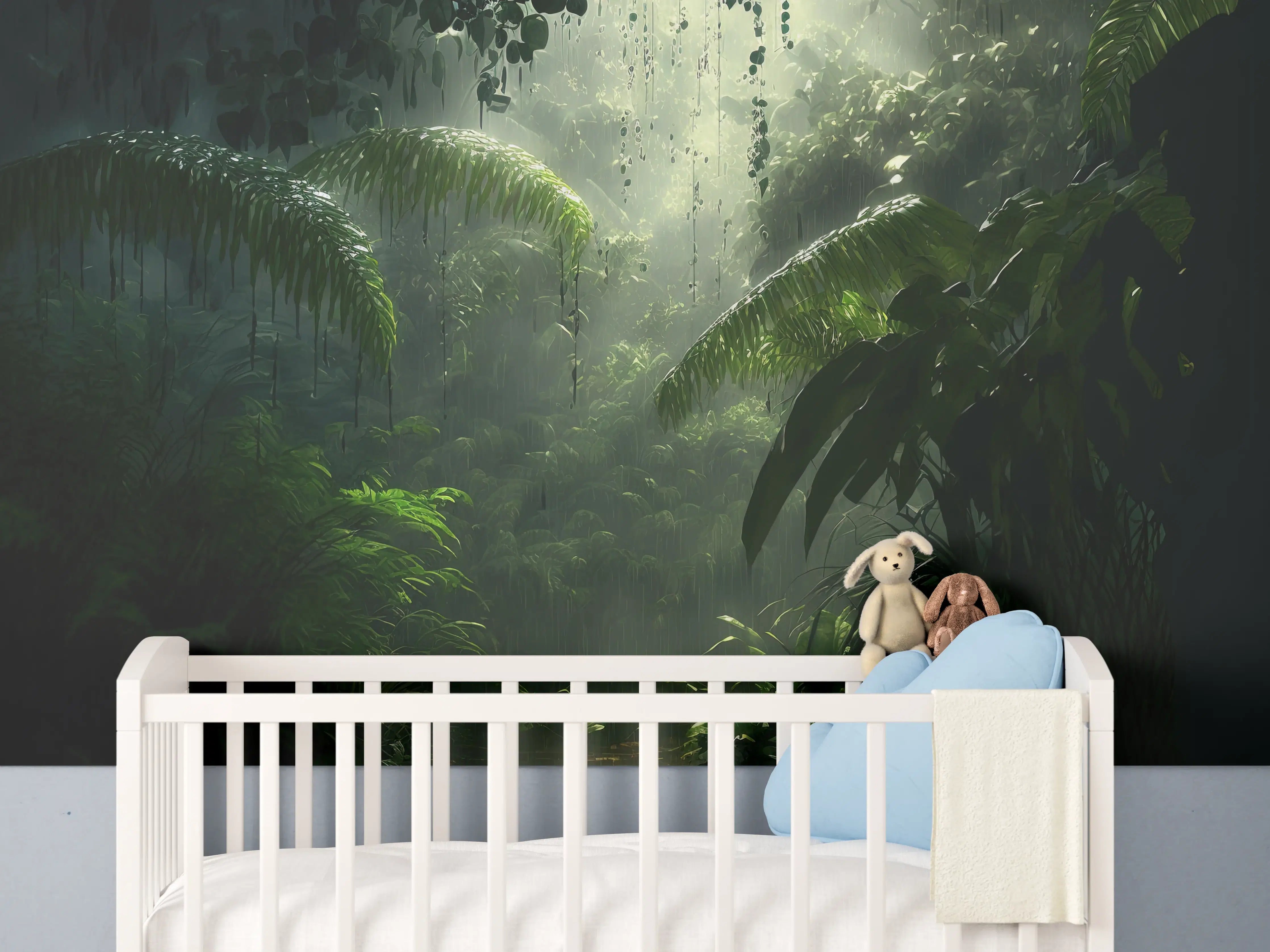 Babyzimmer Wandgestaltung - Dunkler tropischer Wald im Regen