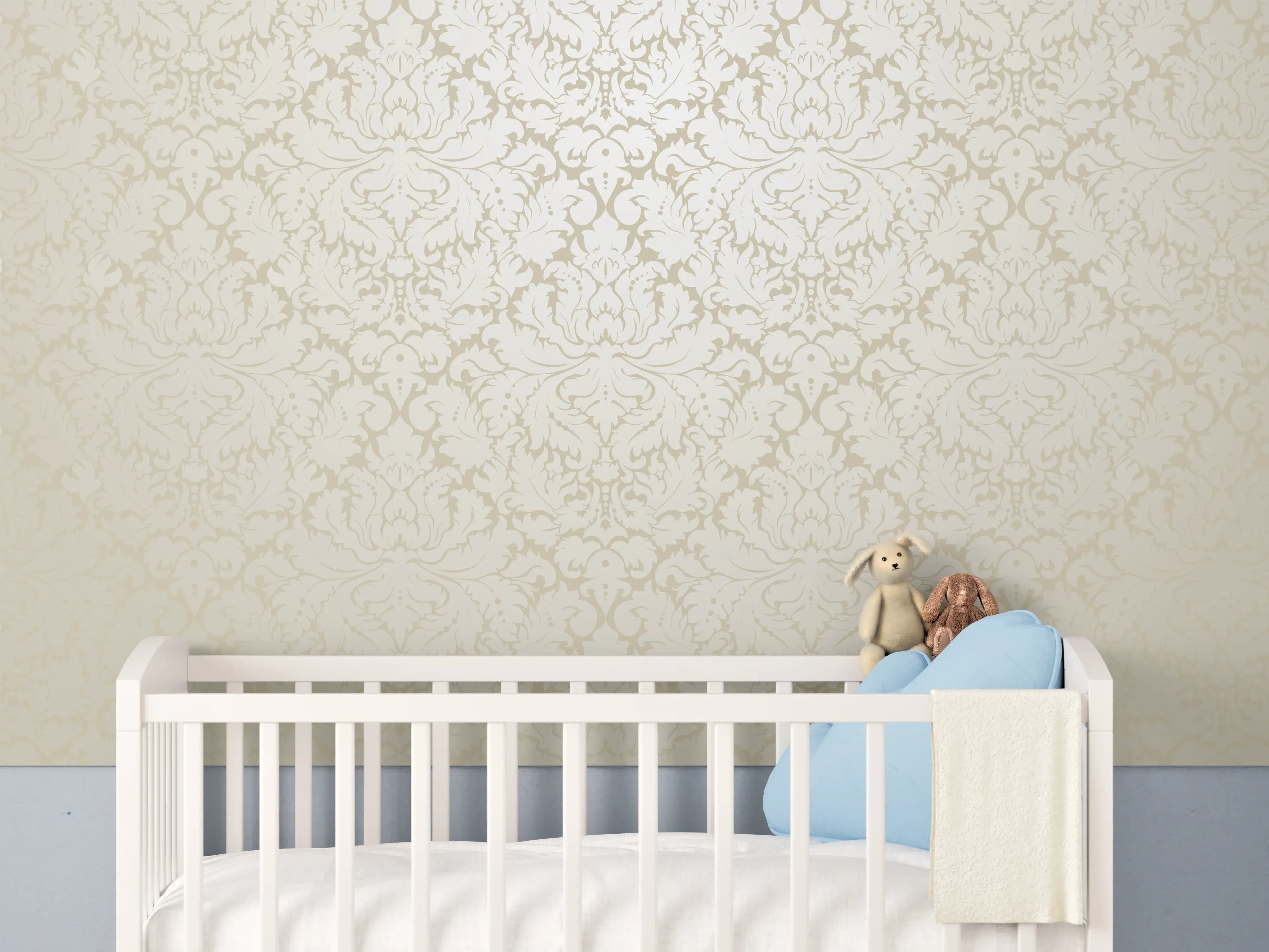 Babyzimmer Wandgestaltung - Edle Creme-Gold Damast-Tapete