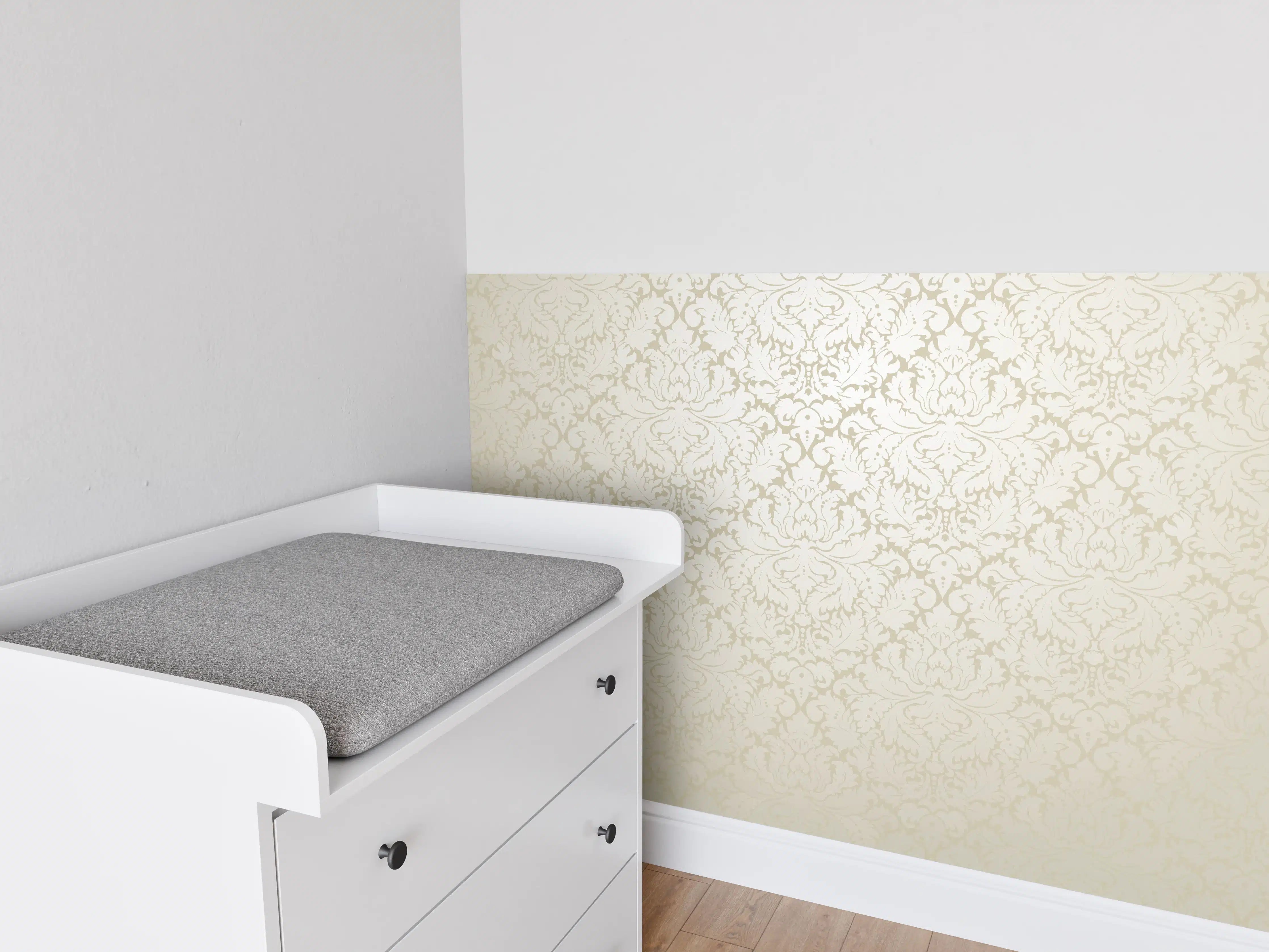 Babyzimmer Wandgestaltung - Edle Creme-Gold Damast-Tapete