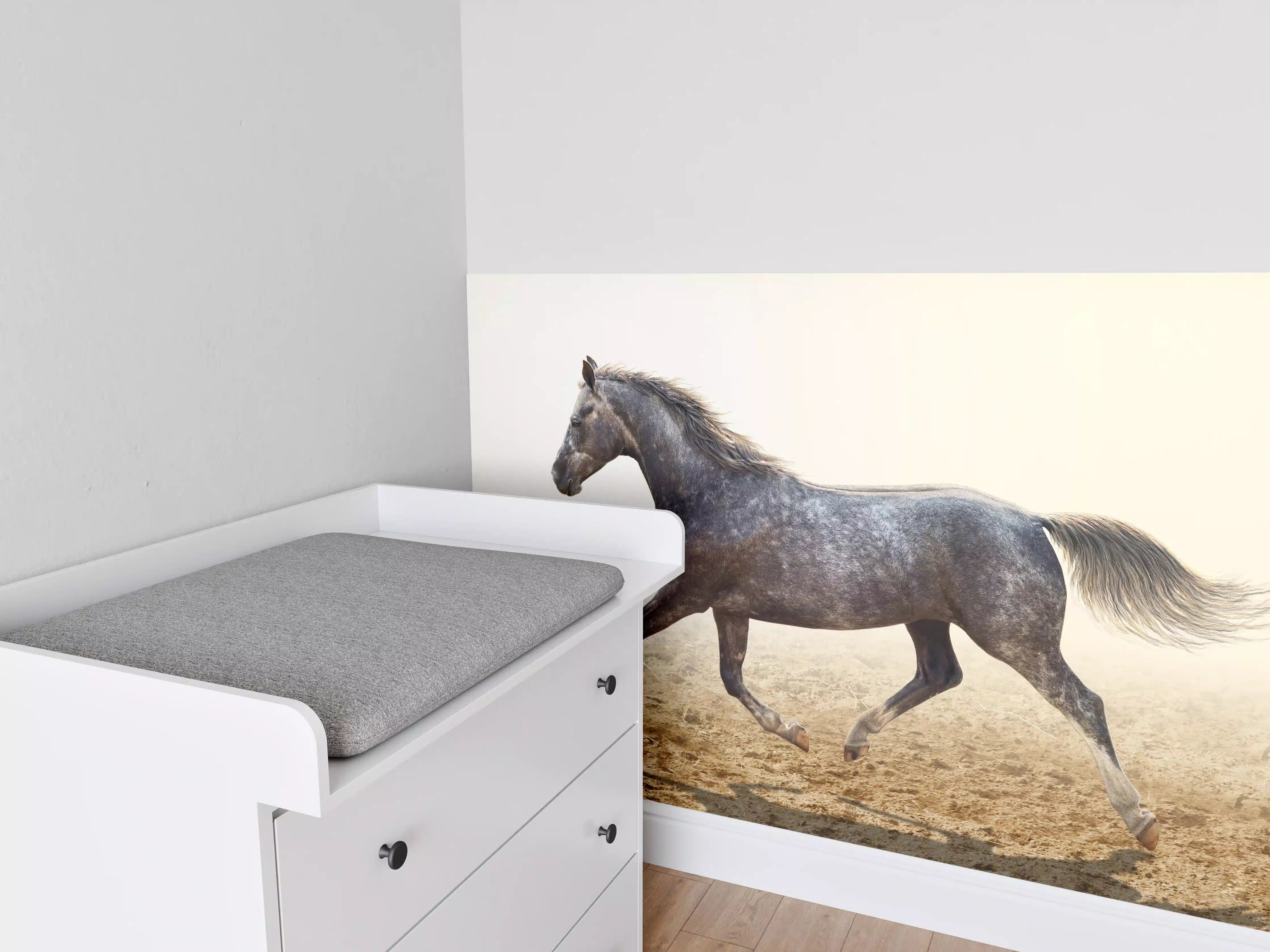 Babyzimmer Wandgestaltung - Ein graues Pferd reitend auf einem Feld