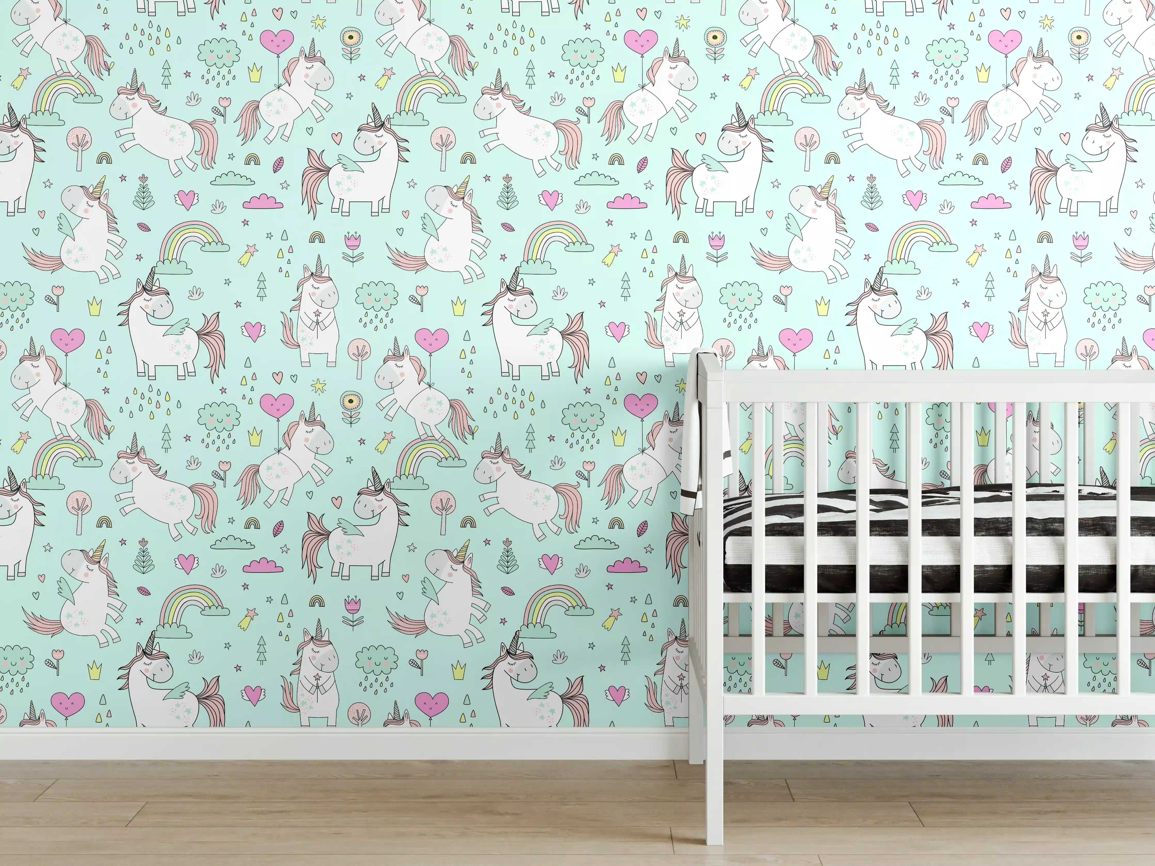 Babyzimmer Wandgestaltung - Einhörner und Regenbögen in Pastellfarben
