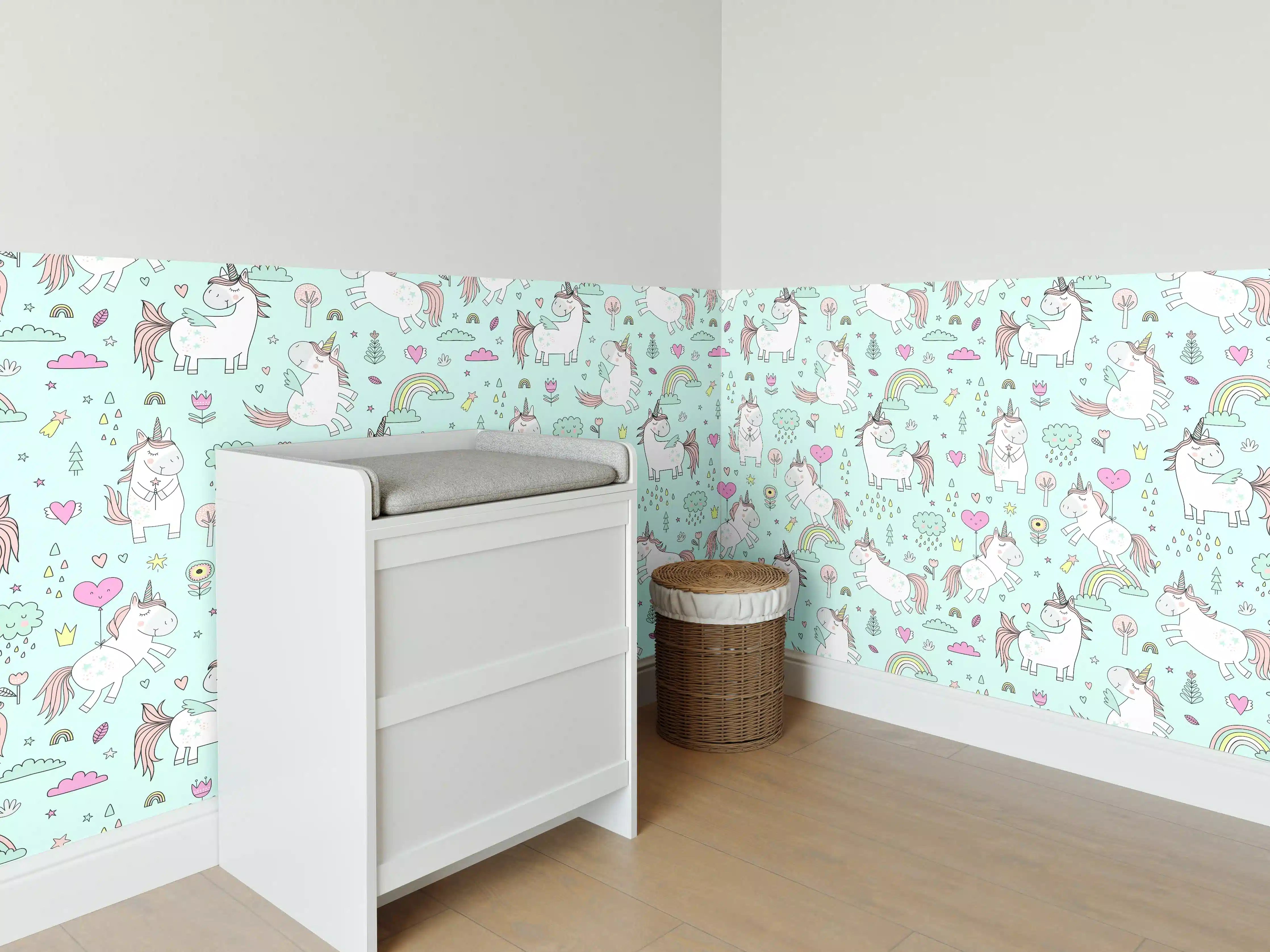 Babyzimmer Wandgestaltung - Einhörner und Regenbögen in Pastellfarben