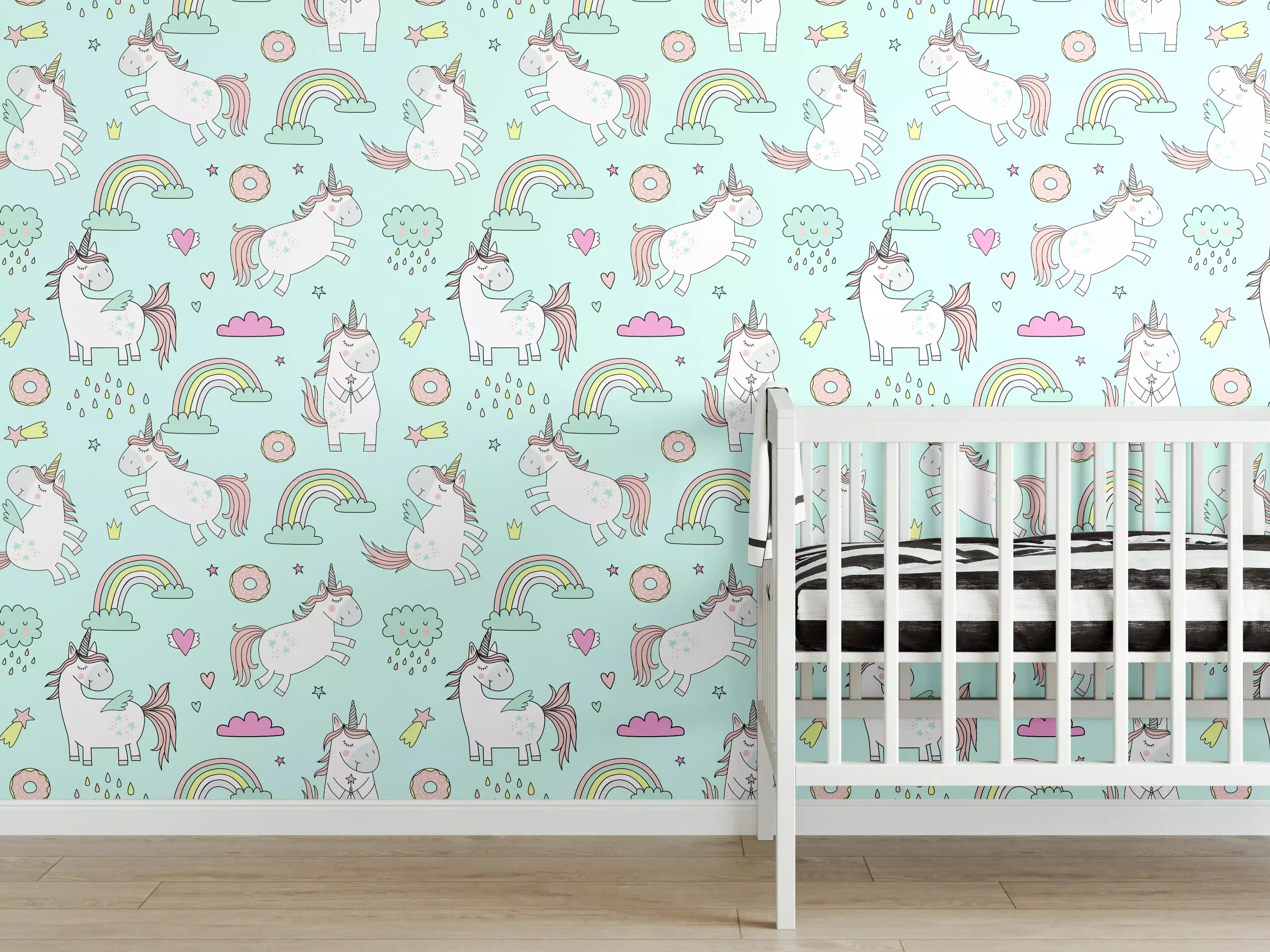 Babyzimmer Wandgestaltung - Einhorn-Muster in Hellblau
