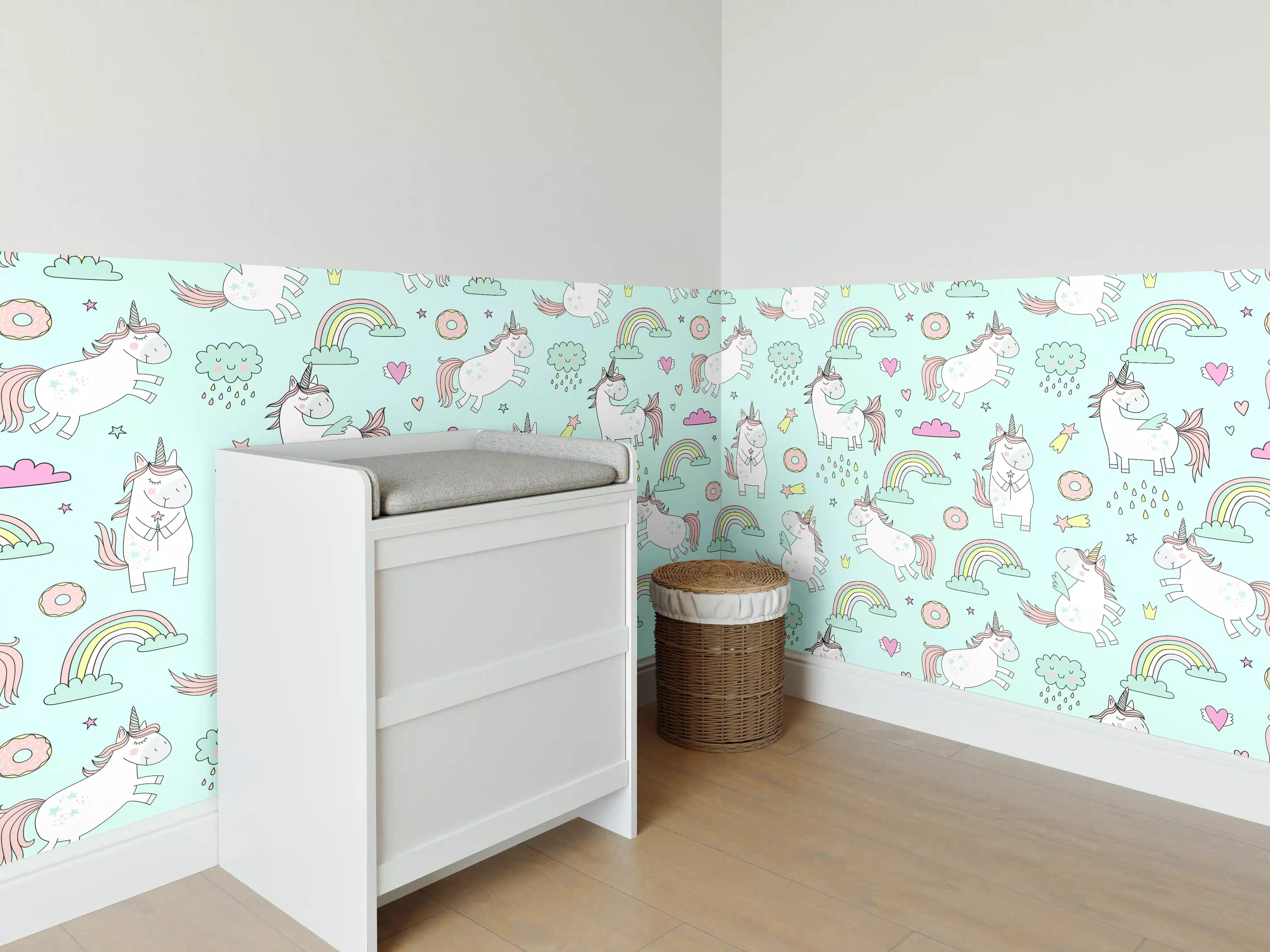 Babyzimmer Wandgestaltung - Einhorn-Muster in Hellblau
