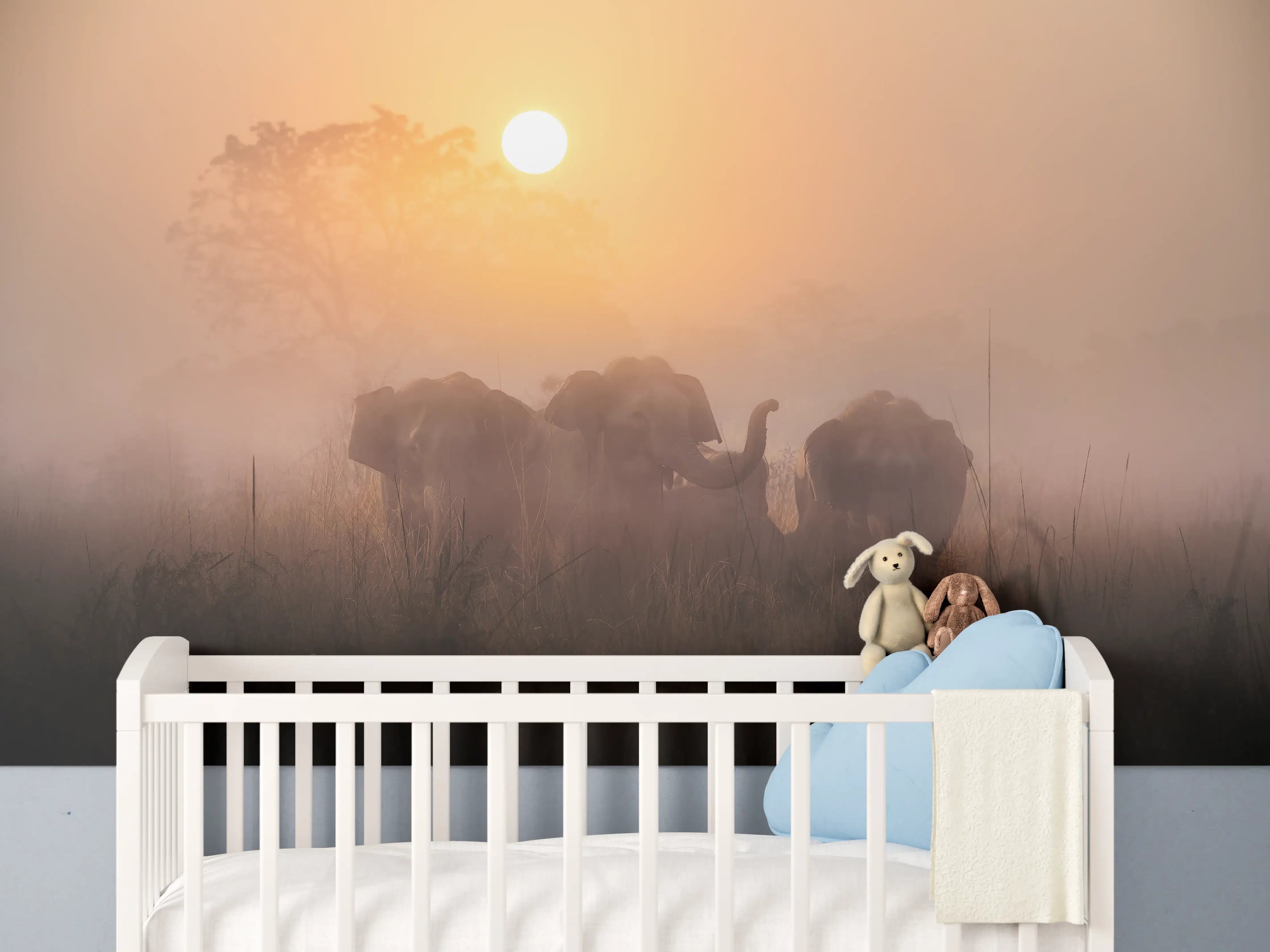 Babyzimmer Wandgestaltung - Elefanten bei Morgengrauen