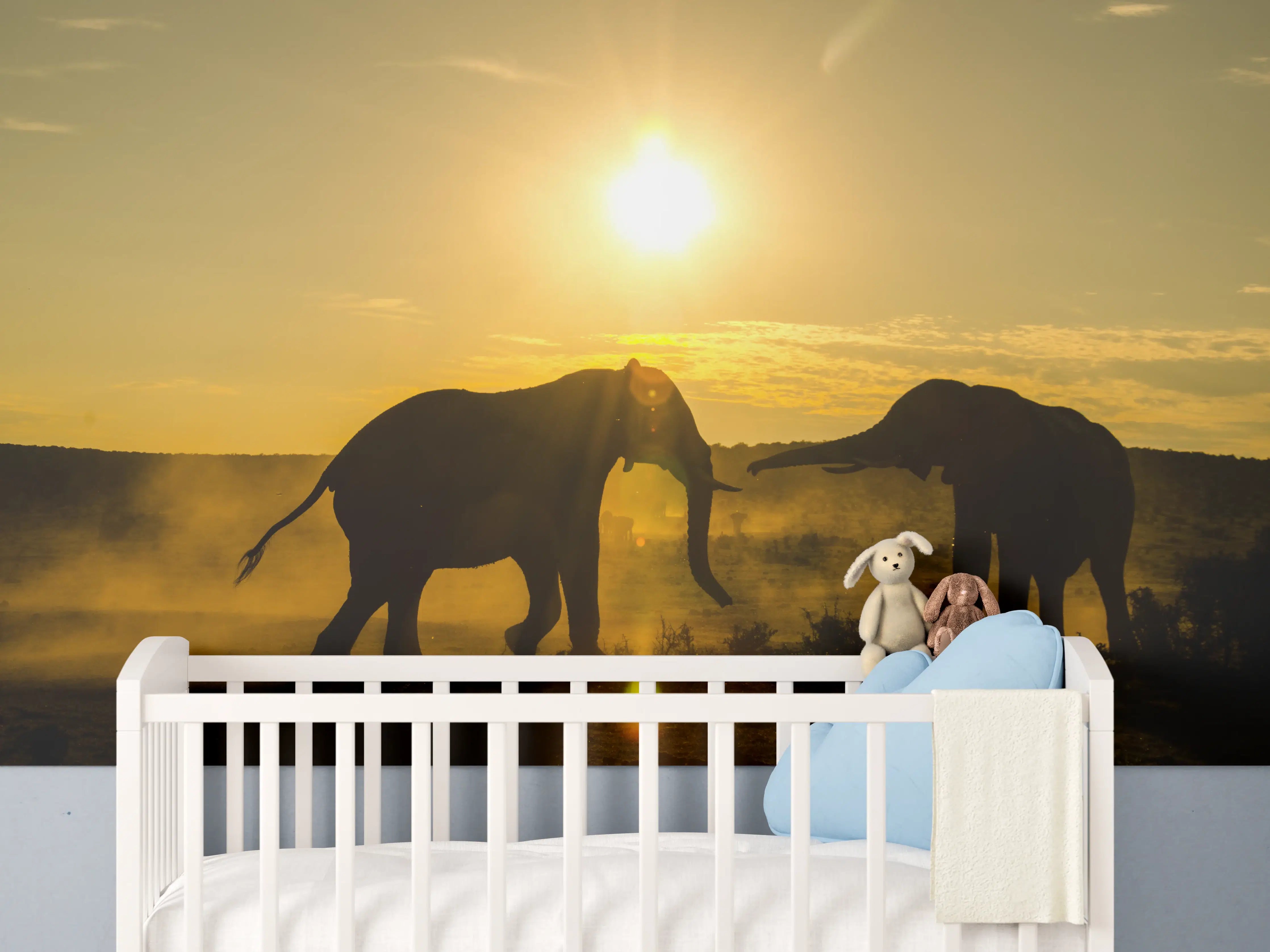Babyzimmer Wandgestaltung - Elefanten bei Sonnenuntergang