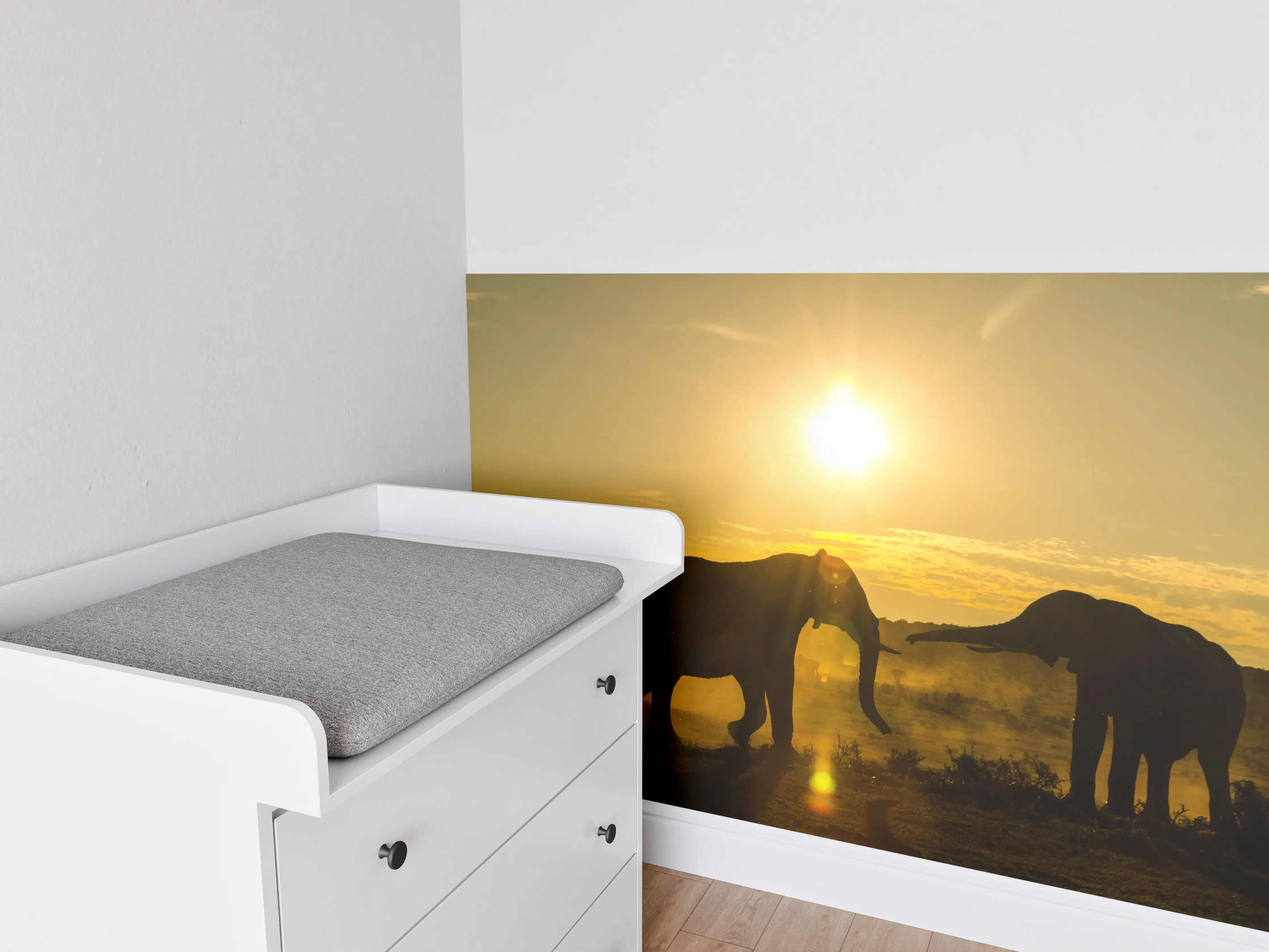 Babyzimmer Wandgestaltung - Elefanten bei Sonnenuntergang