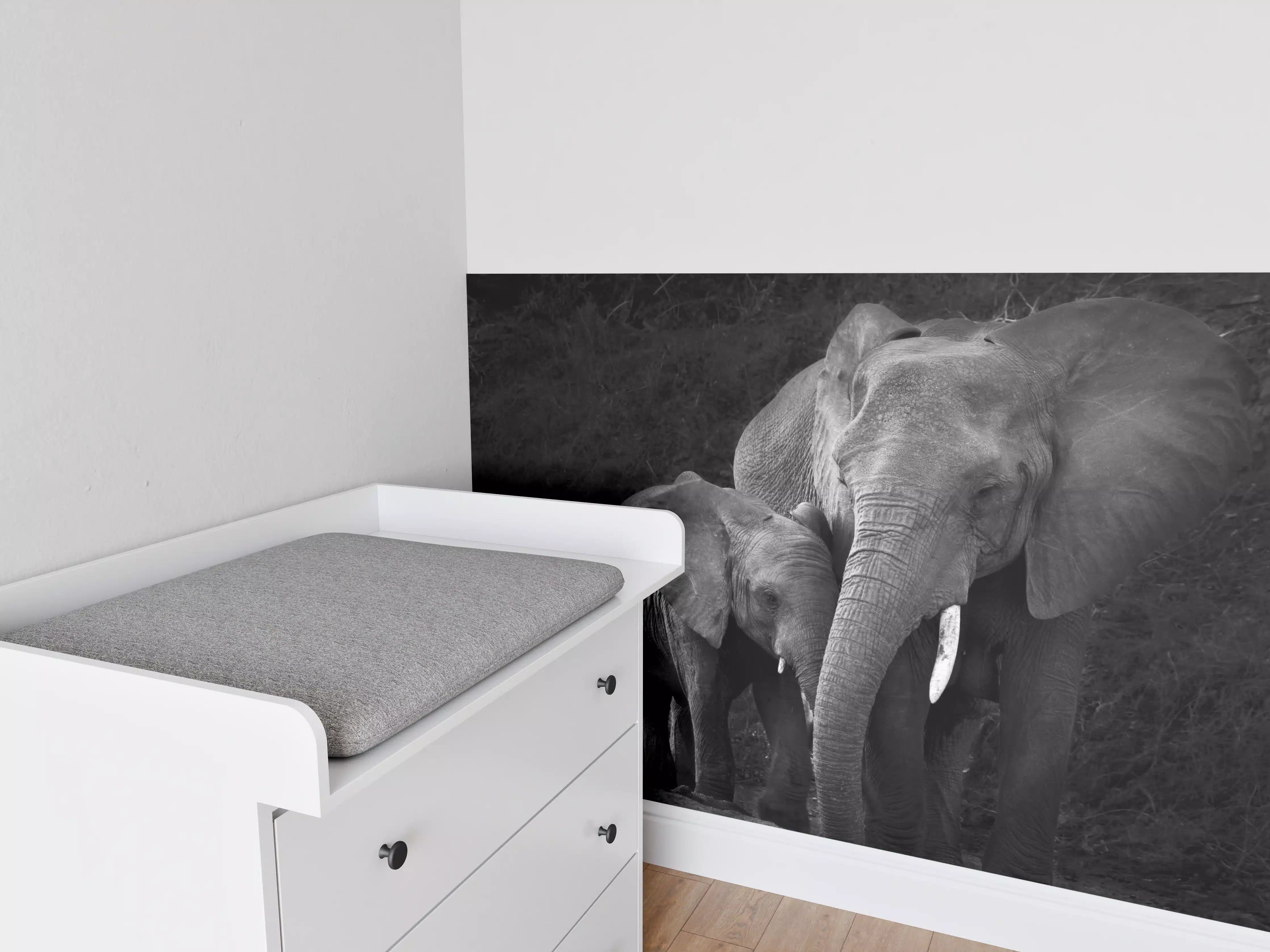 Babyzimmer Wandgestaltung - Elefanten in der Natur - schwarz-weiß