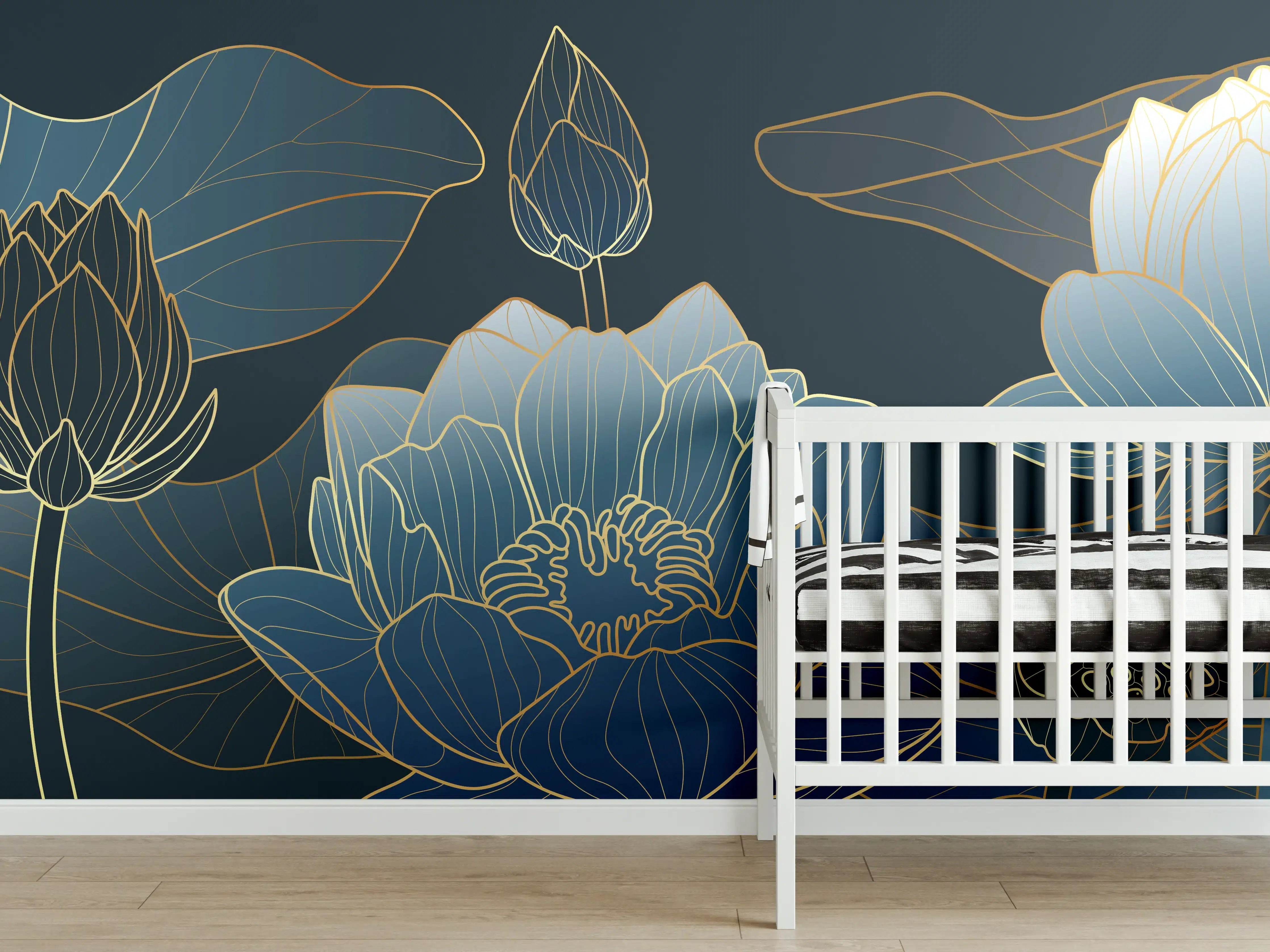 Babyzimmer Wandgestaltung - Elegante Blau-Weiße Blumenillustration