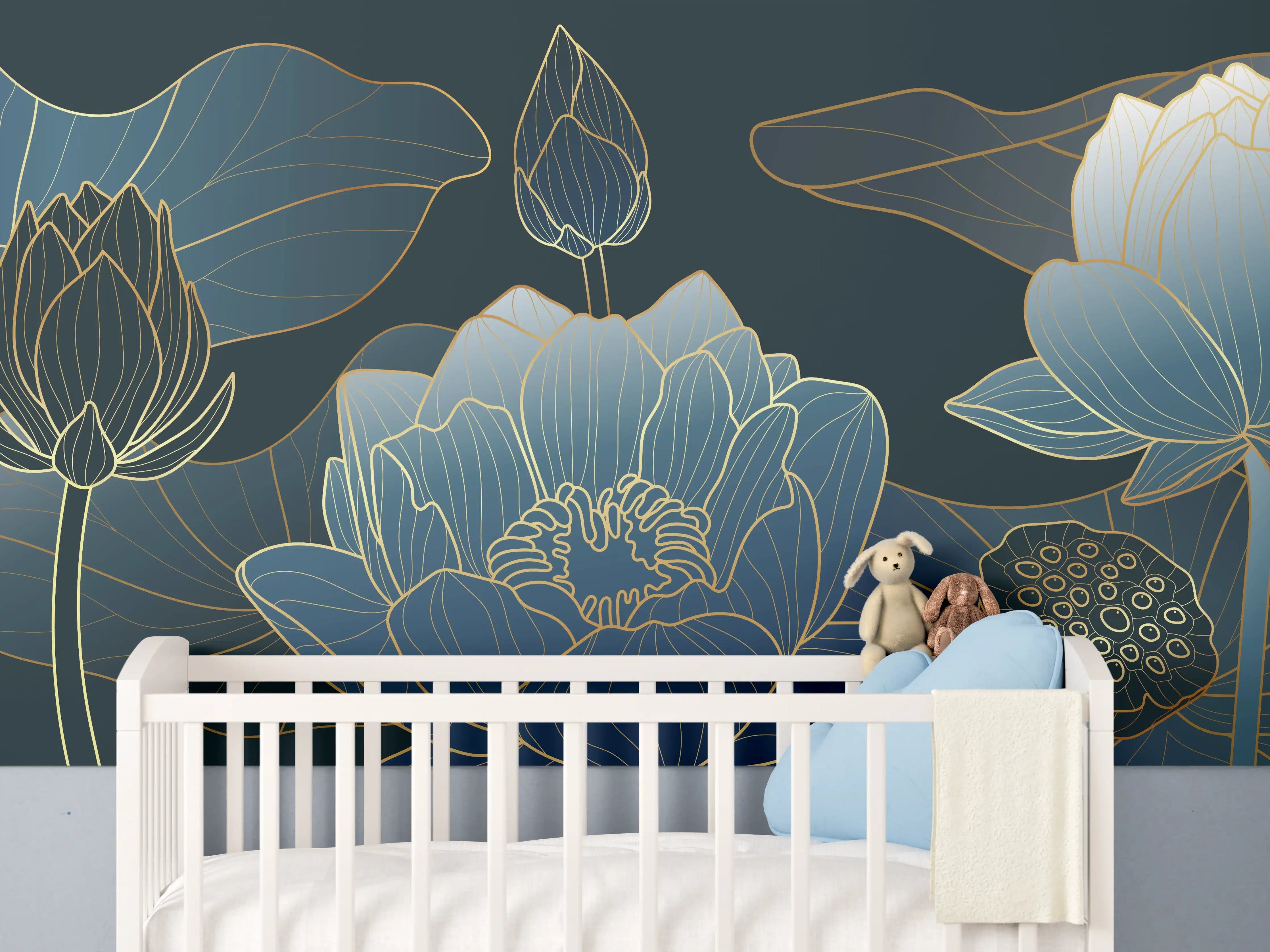 Babyzimmer Wandgestaltung - Elegante Blau-Weiße Blumenillustration