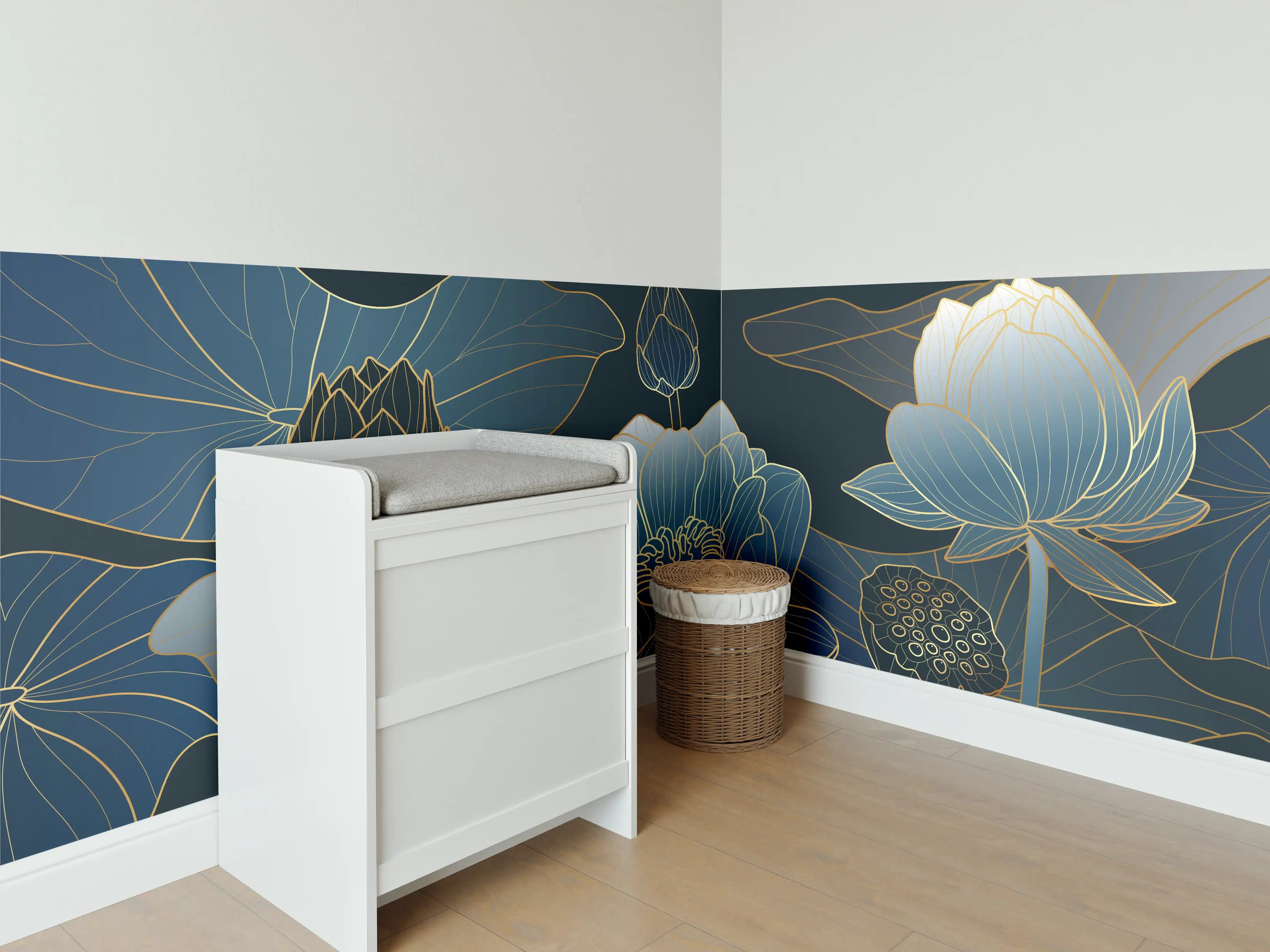Babyzimmer Wandgestaltung - Elegante Blau-Weiße Blumenillustration