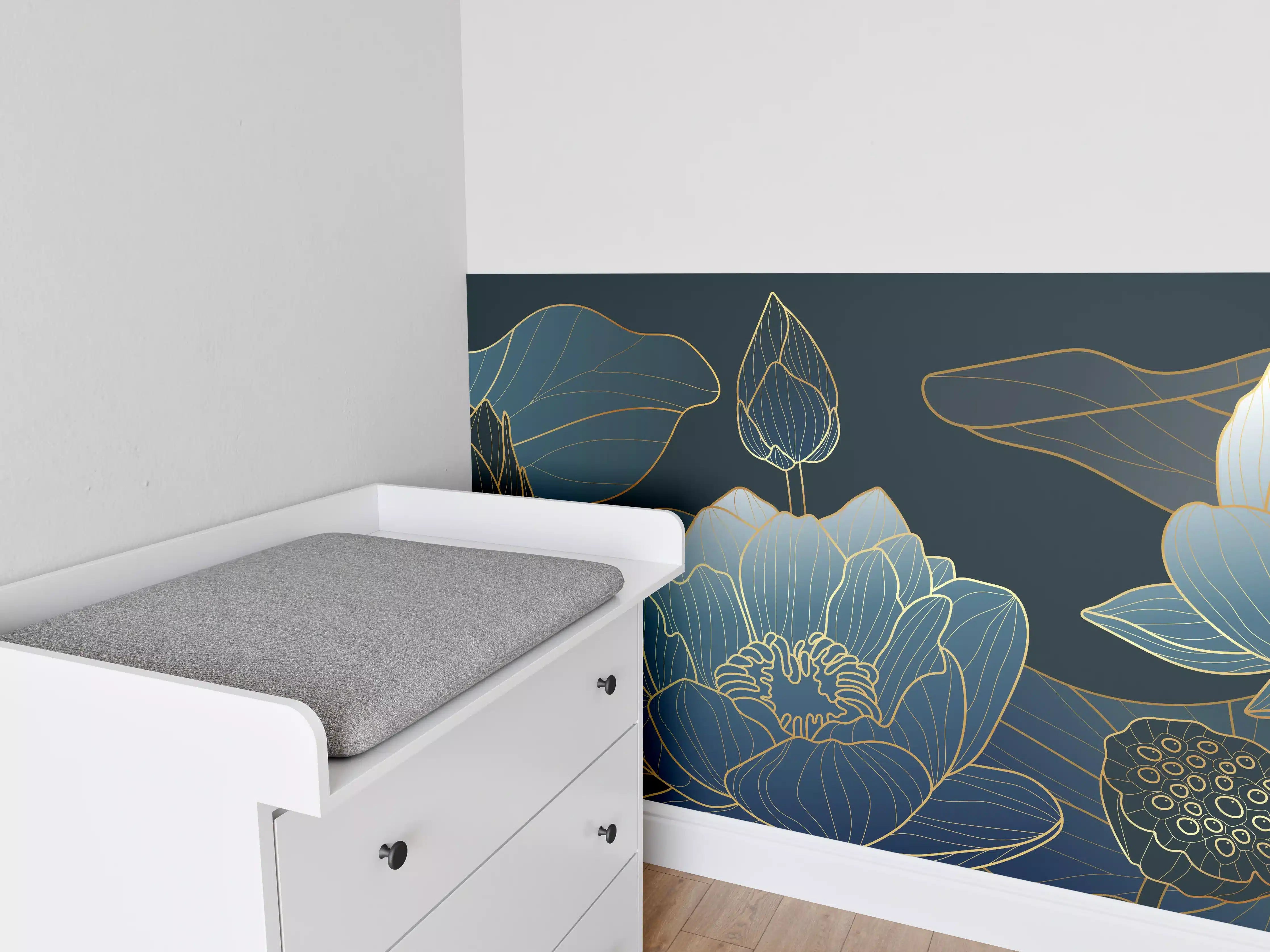 Babyzimmer Wandgestaltung - Elegante Blau-Weiße Blumenillustration