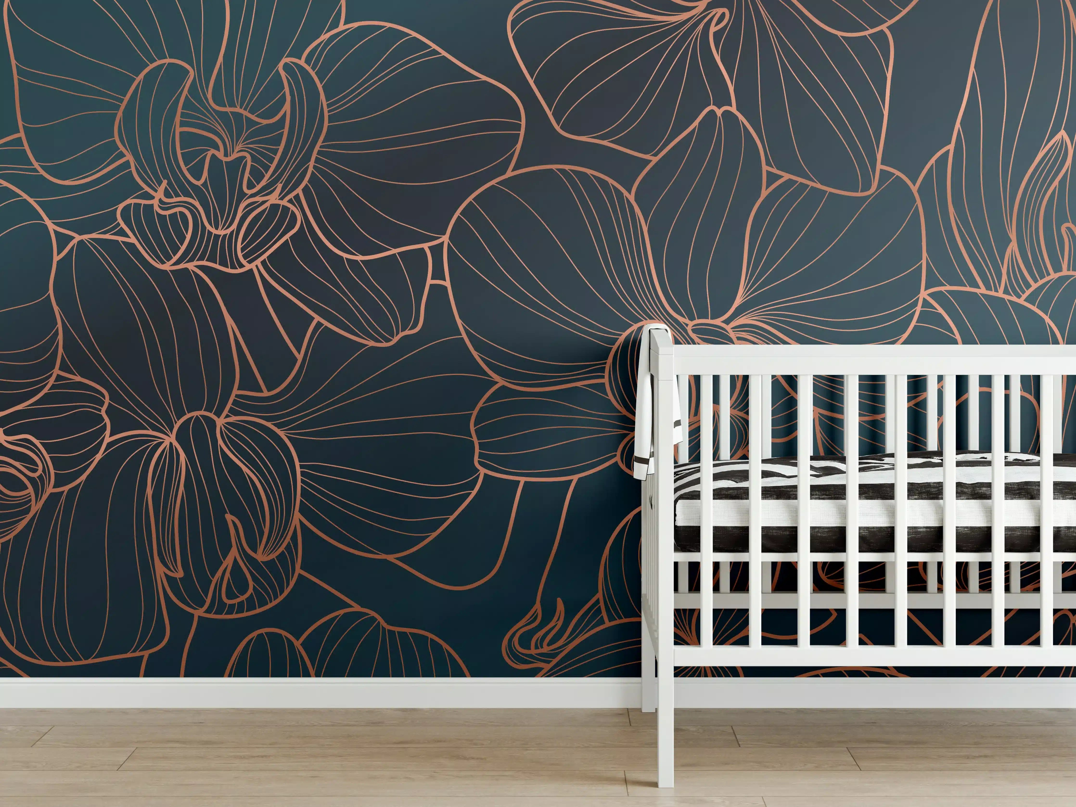 Babyzimmer Wandgestaltung - Elegante Blumenlinien in Dunkelblau