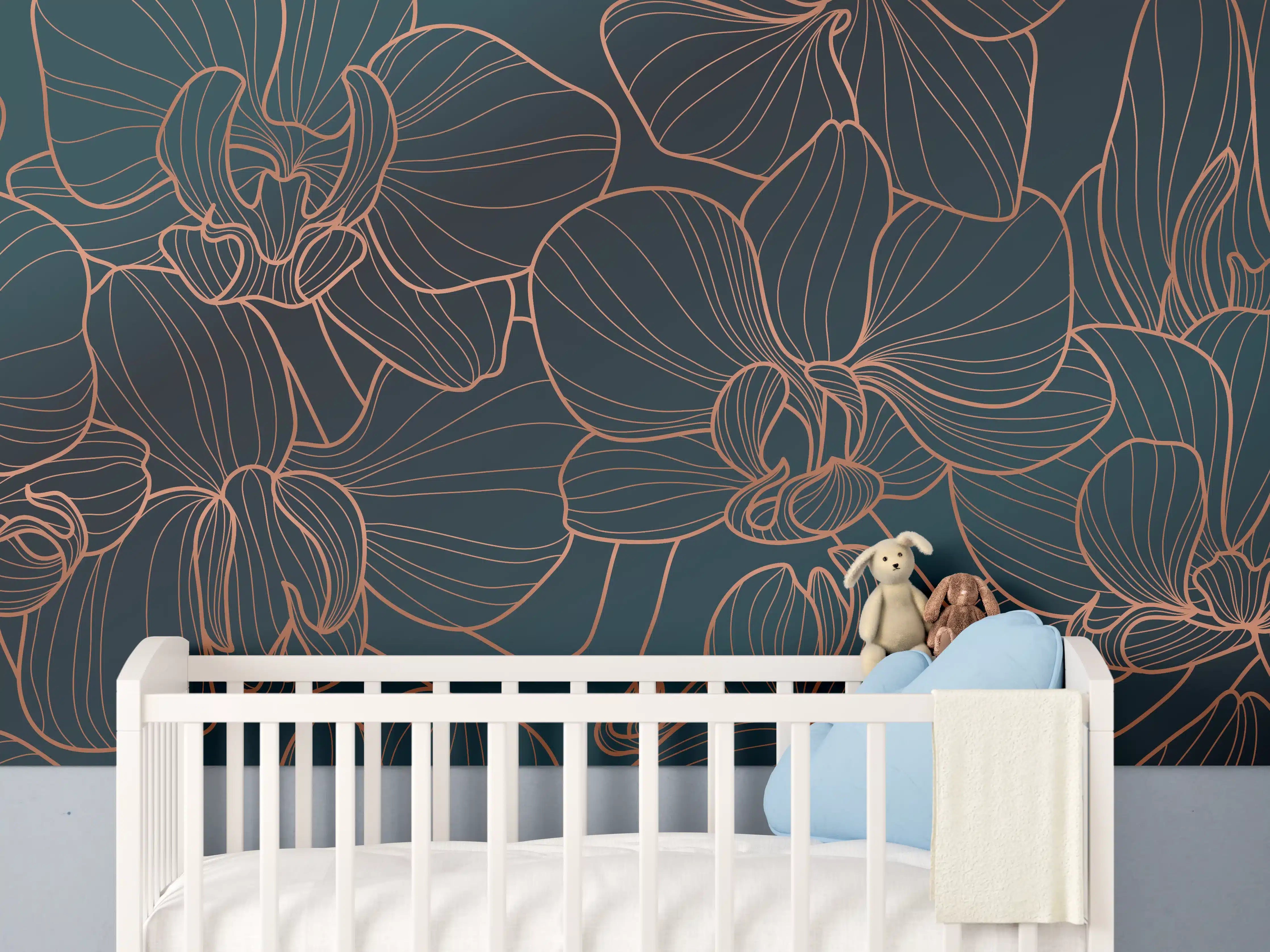 Babyzimmer Wandgestaltung - Elegante Blumenlinien in Dunkelblau