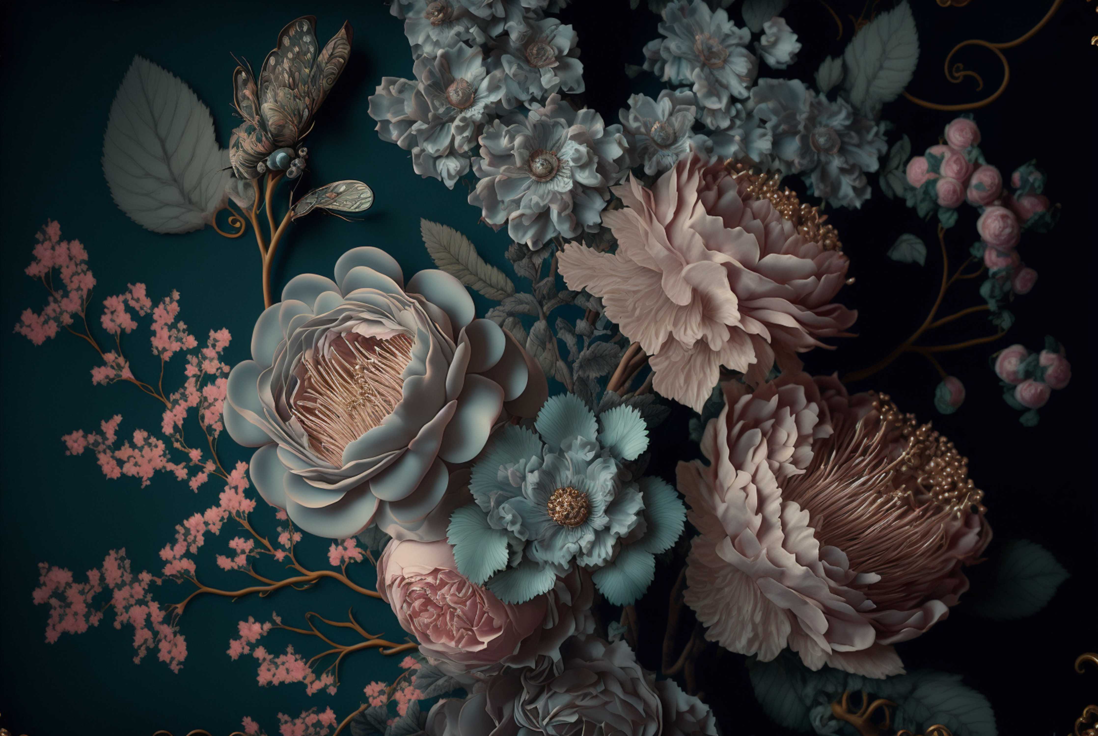 Babyzimmer Wandgestaltung-Elegante Blumenmotive in Dunkelblau und Pastell