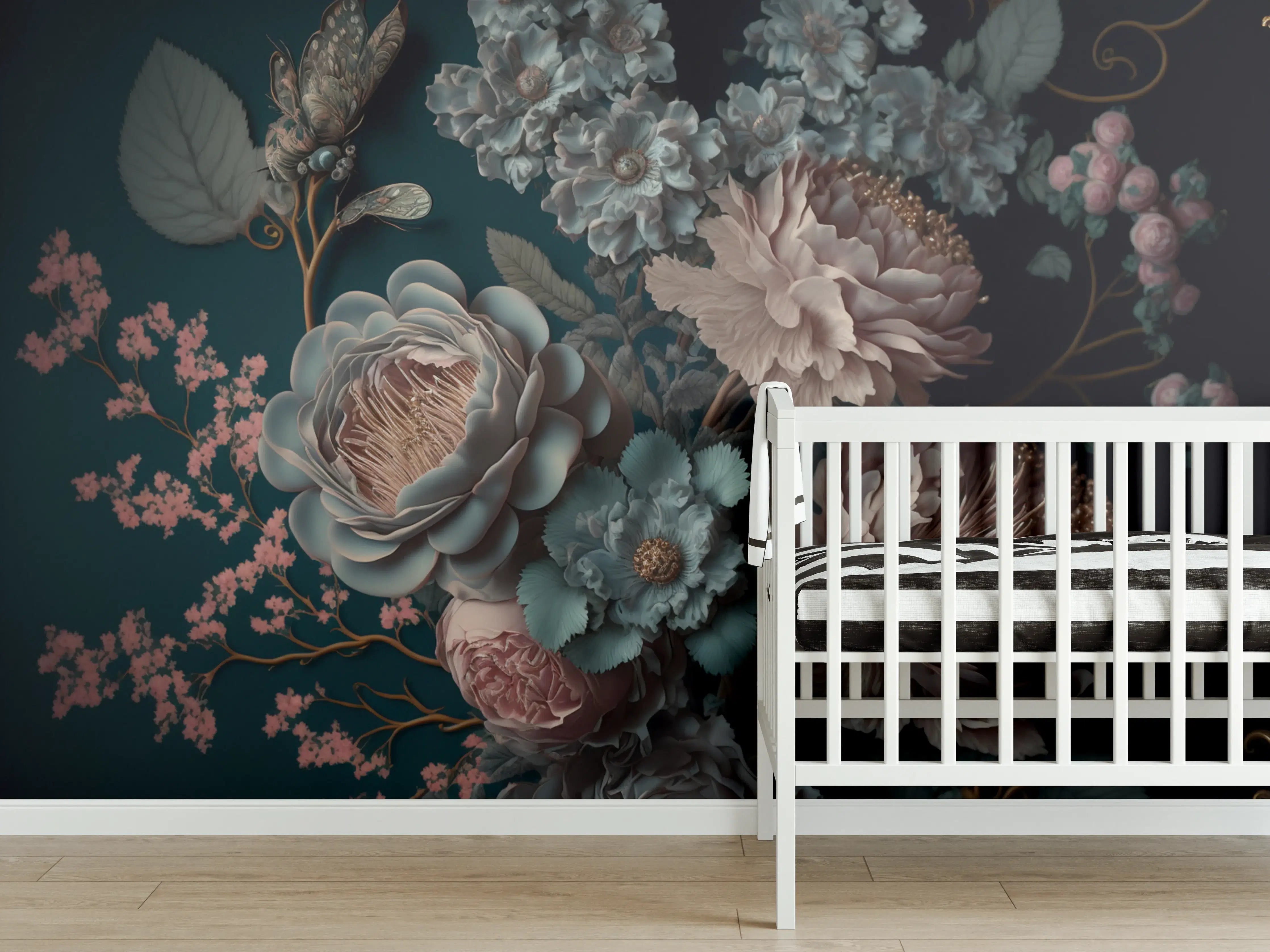 Babyzimmer Wandgestaltung - Elegante Blumenmotive in Dunkelblau und Pastell