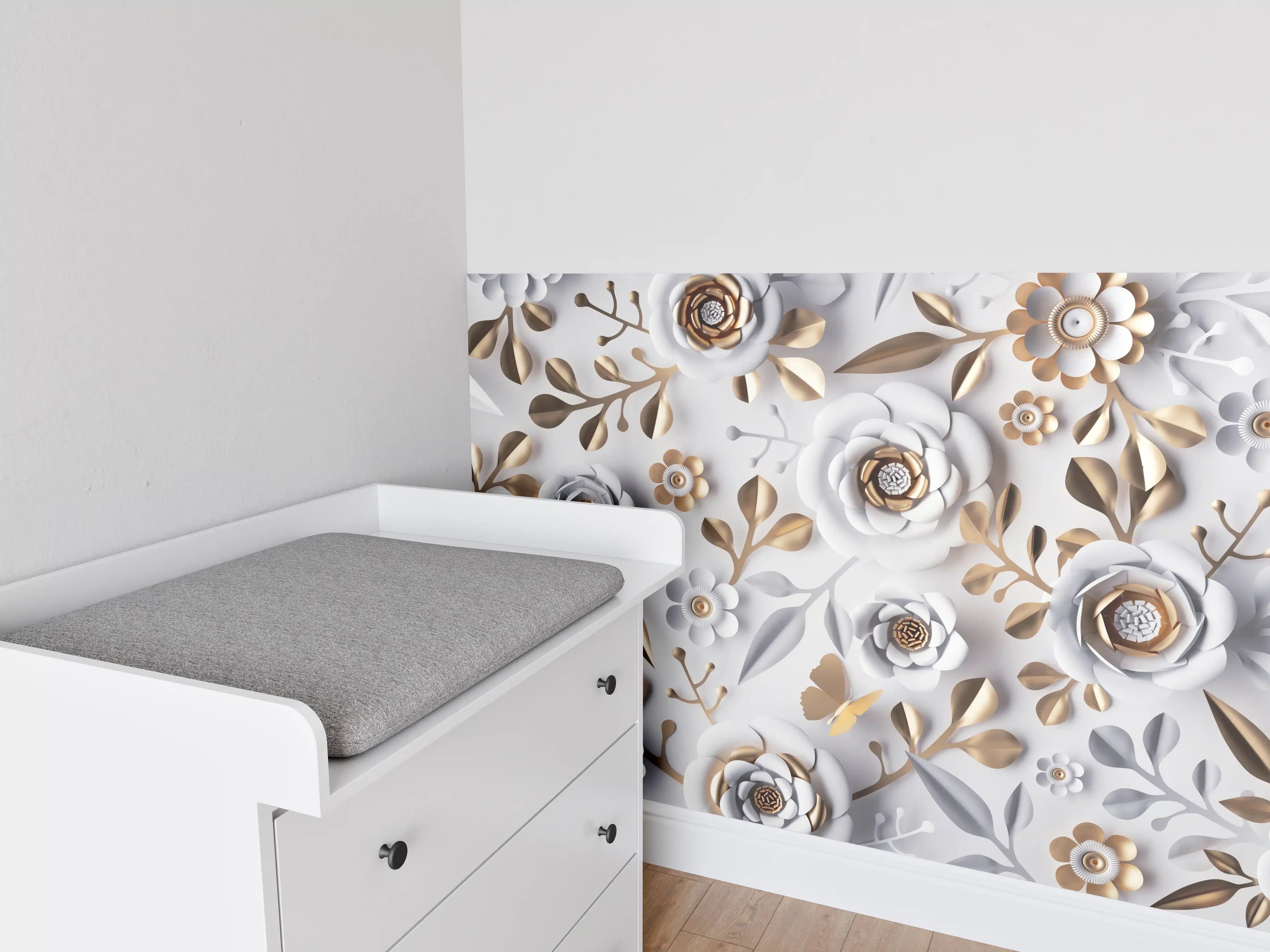 Babyzimmer Wandgestaltung - Elegante Blumenpräsentation in Grau-Tönen