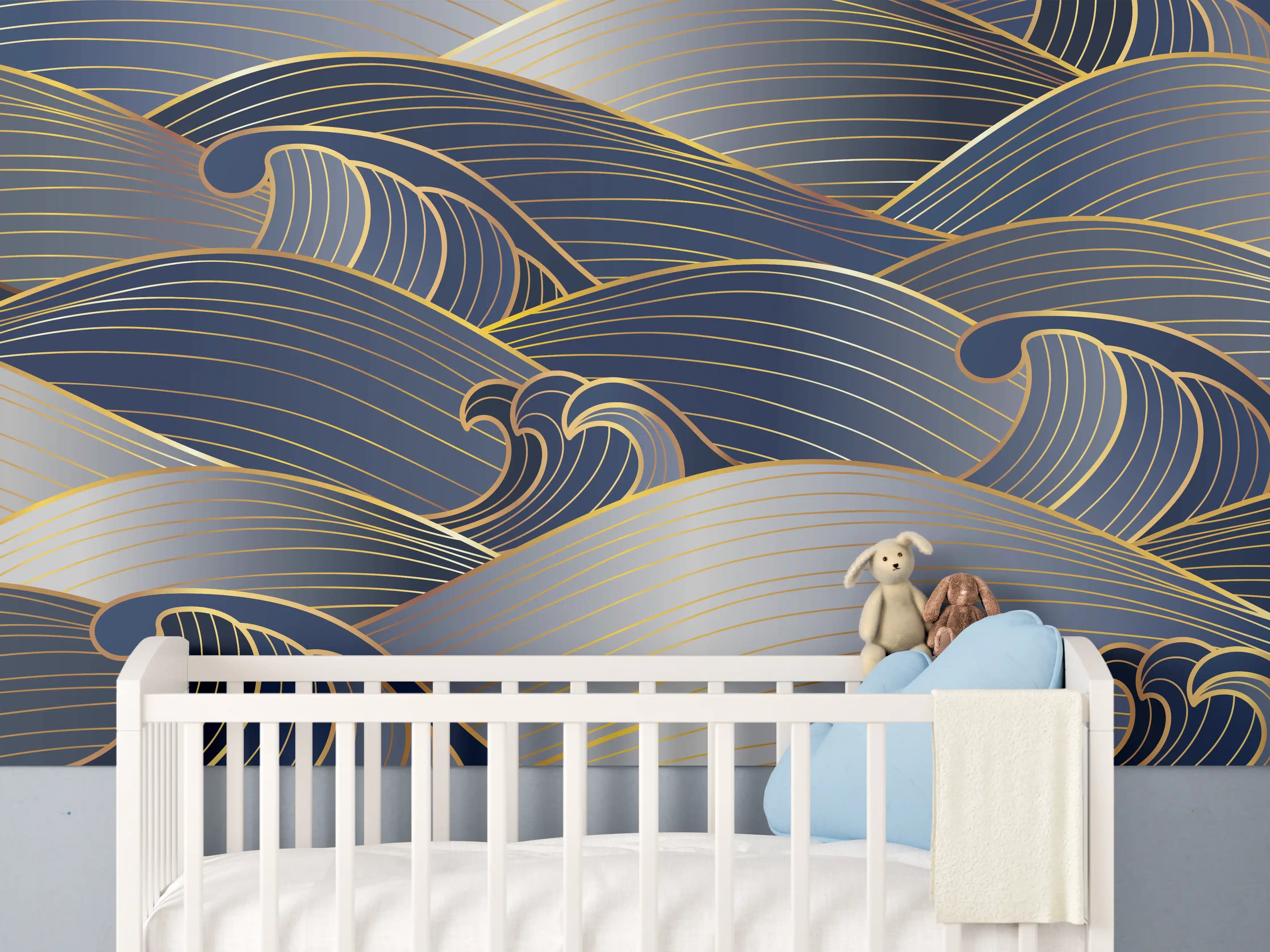 Babyzimmer Wandgestaltung - Elegante Gold-Blau Wellentextur