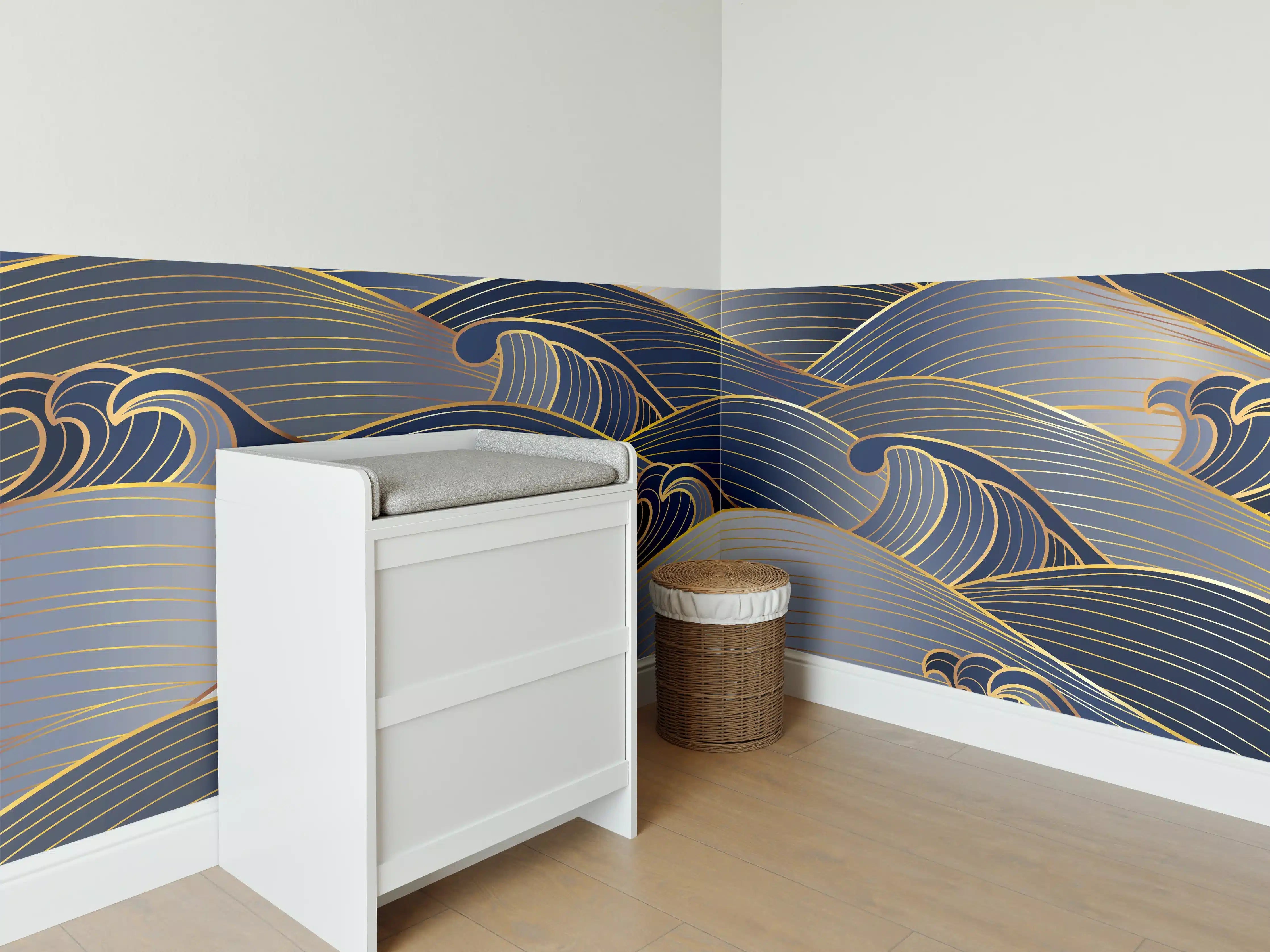 Babyzimmer Wandgestaltung - Elegante Gold-Blau Wellentextur