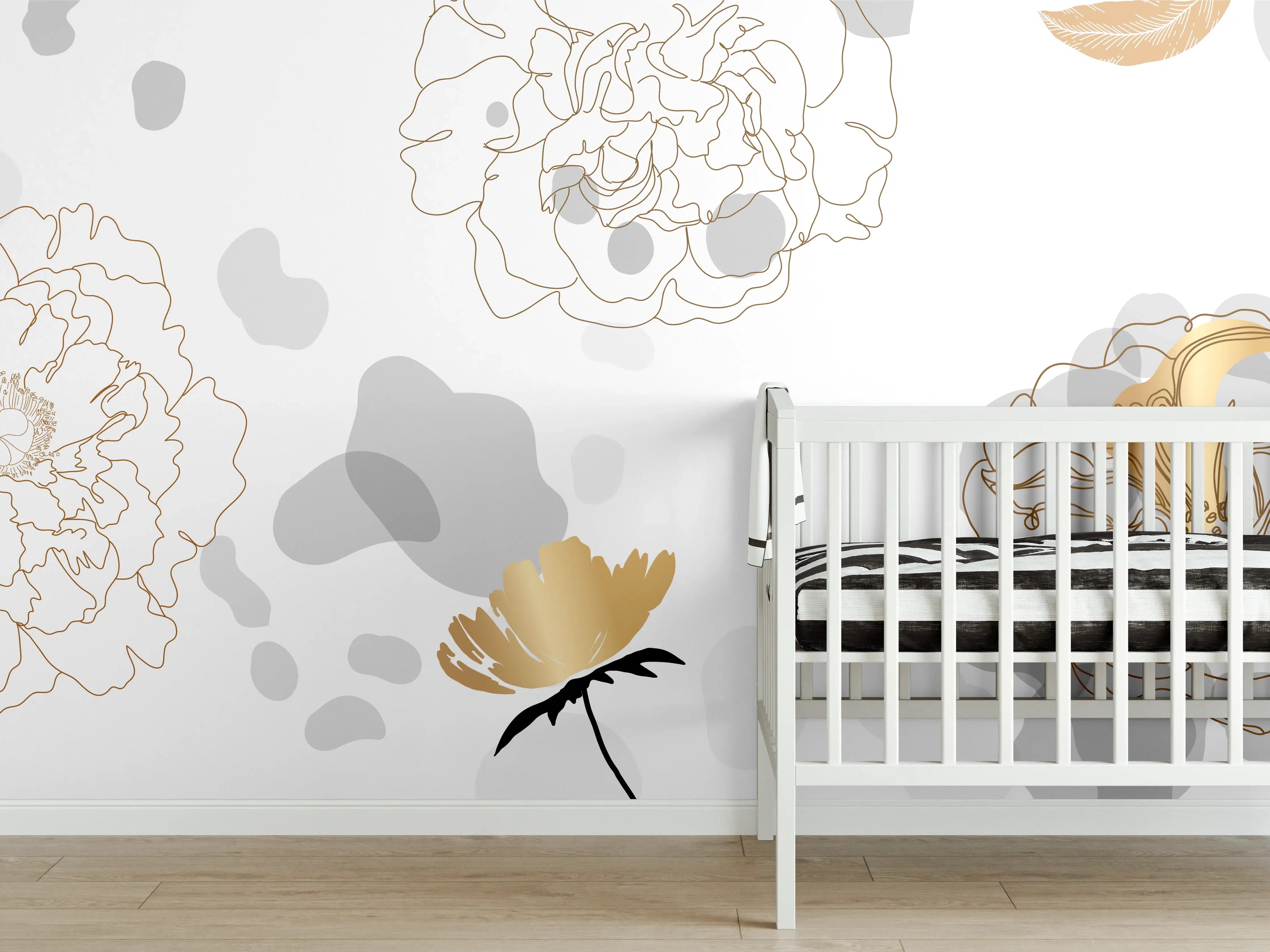Babyzimmer Wandgestaltung - Elegante Gold-Grau Floral Kunst