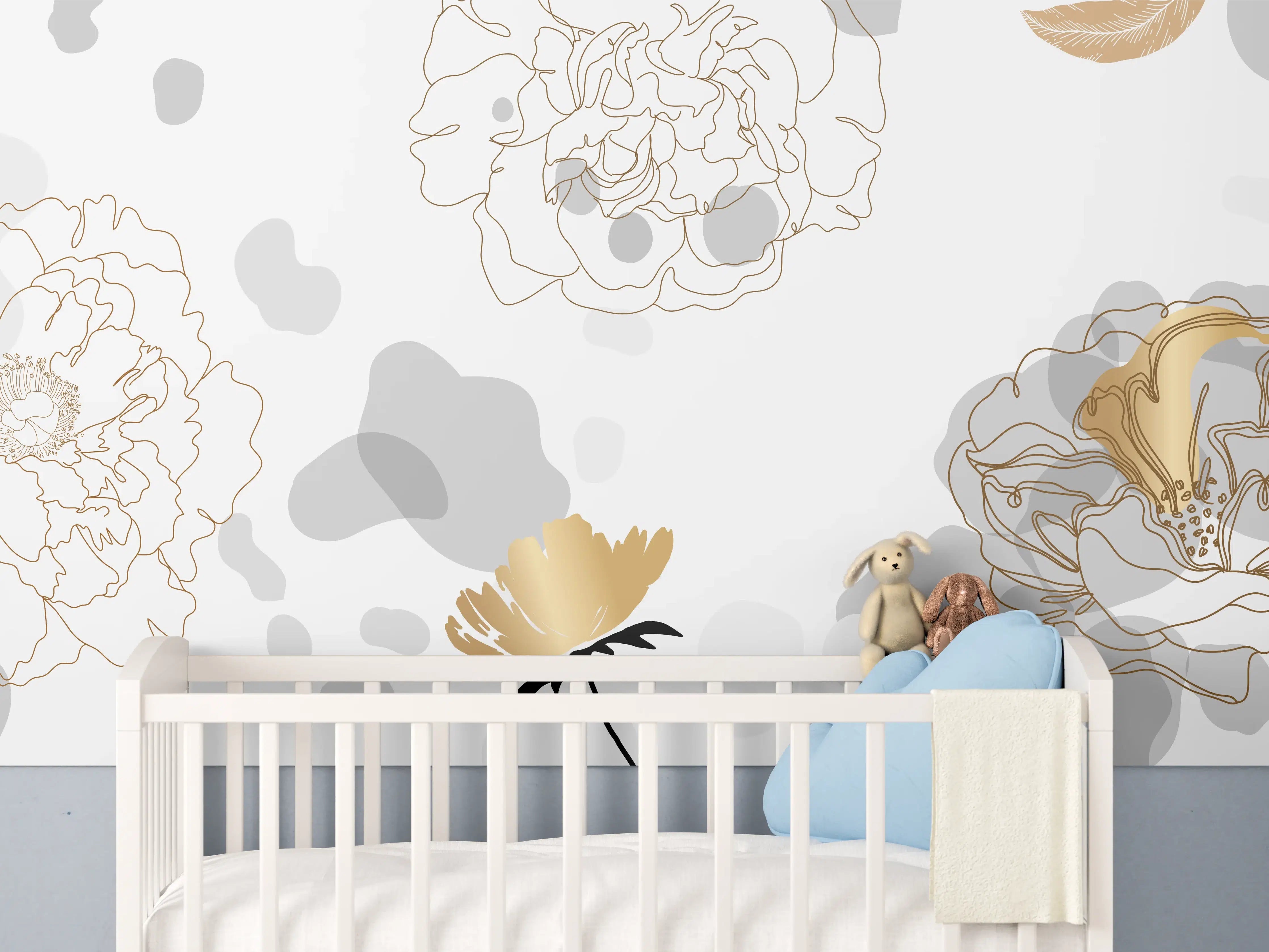 Babyzimmer Wandgestaltung - Elegante Gold-Grau Floral Kunst