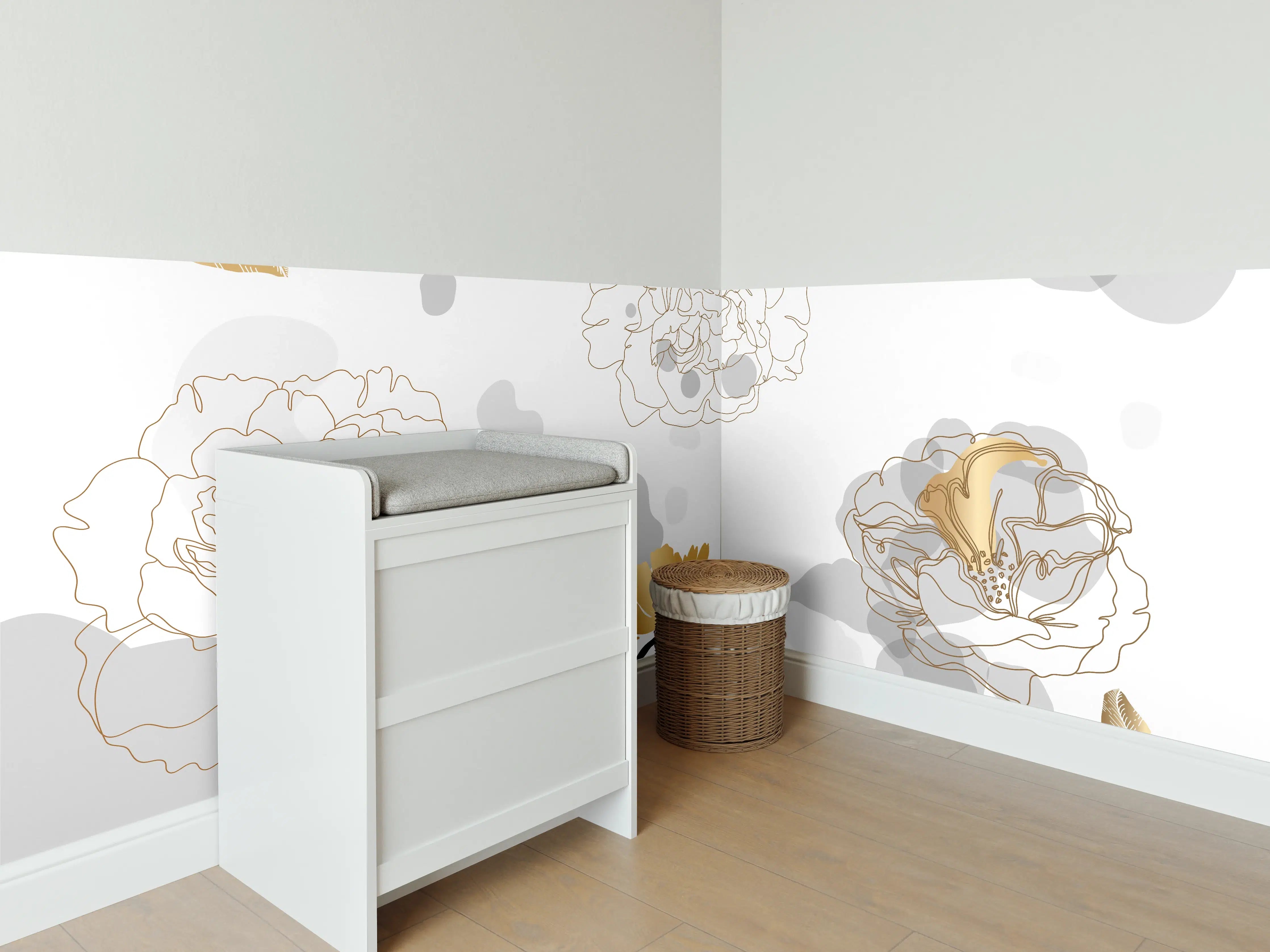 Babyzimmer Wandgestaltung - Elegante Gold-Grau Floral Kunst