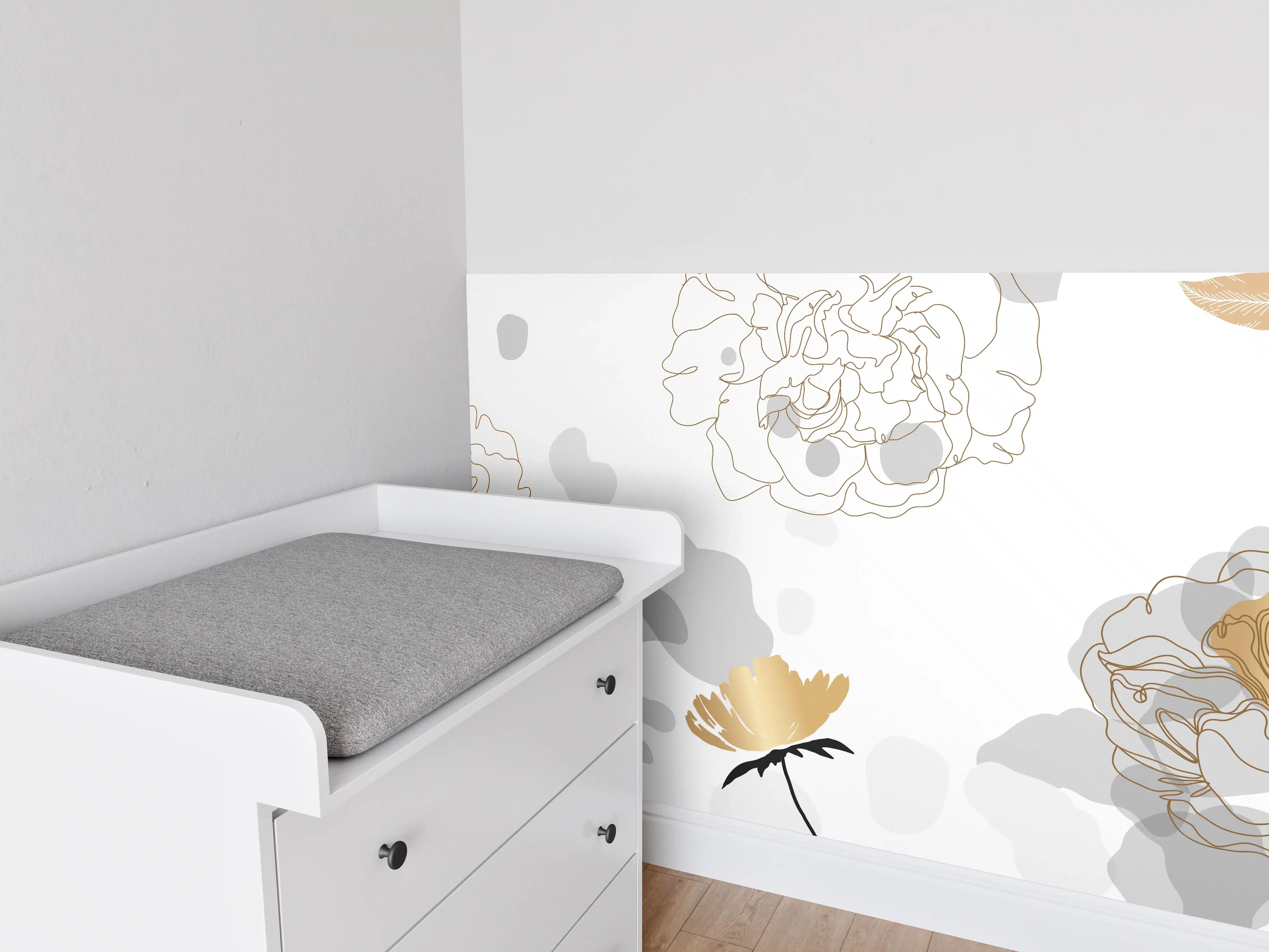 Babyzimmer Wandgestaltung - Elegante Gold-Grau Floral Kunst