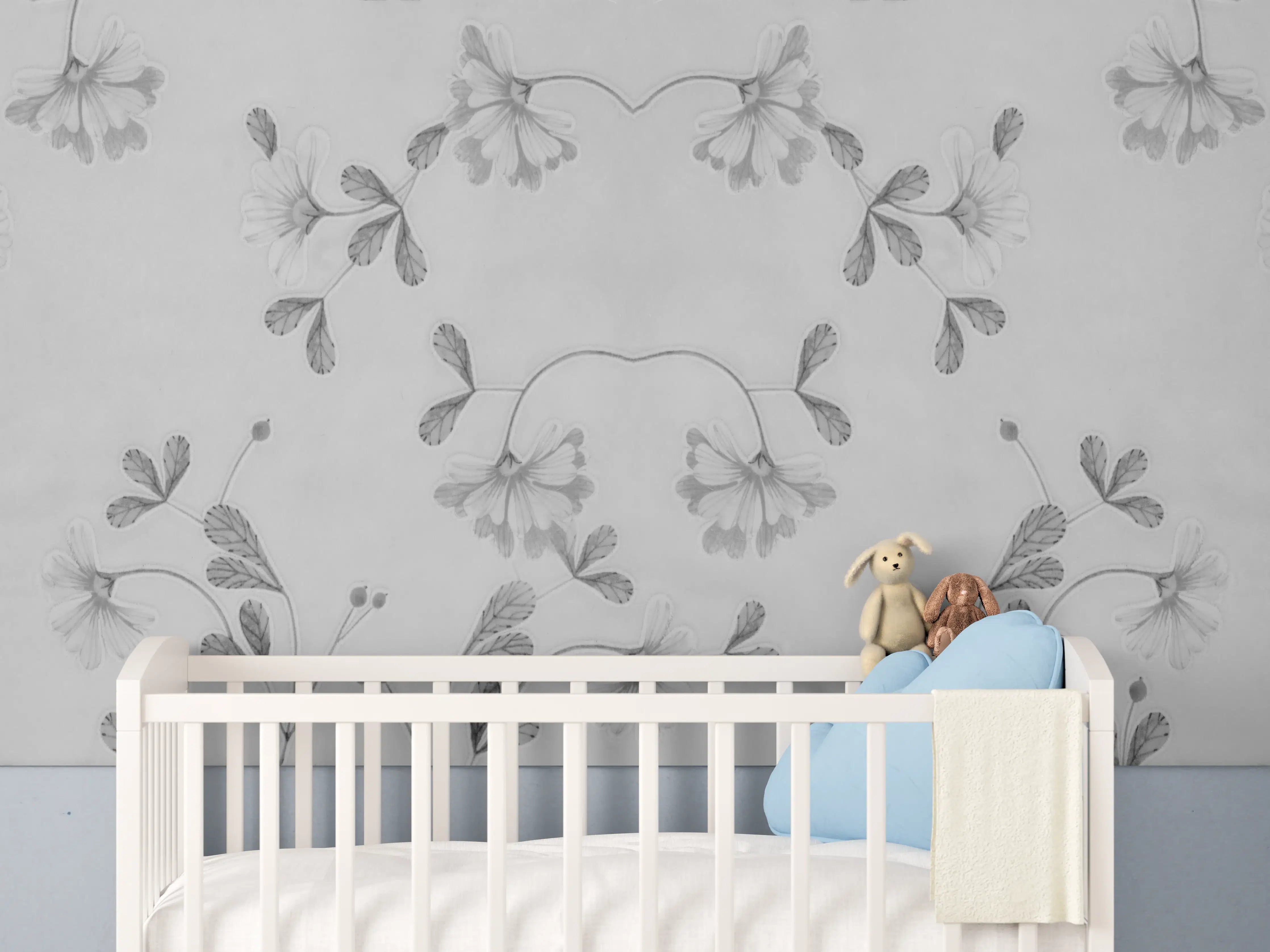 Babyzimmer Wandgestaltung - Elegante Grau-Weiße Blumenmuster