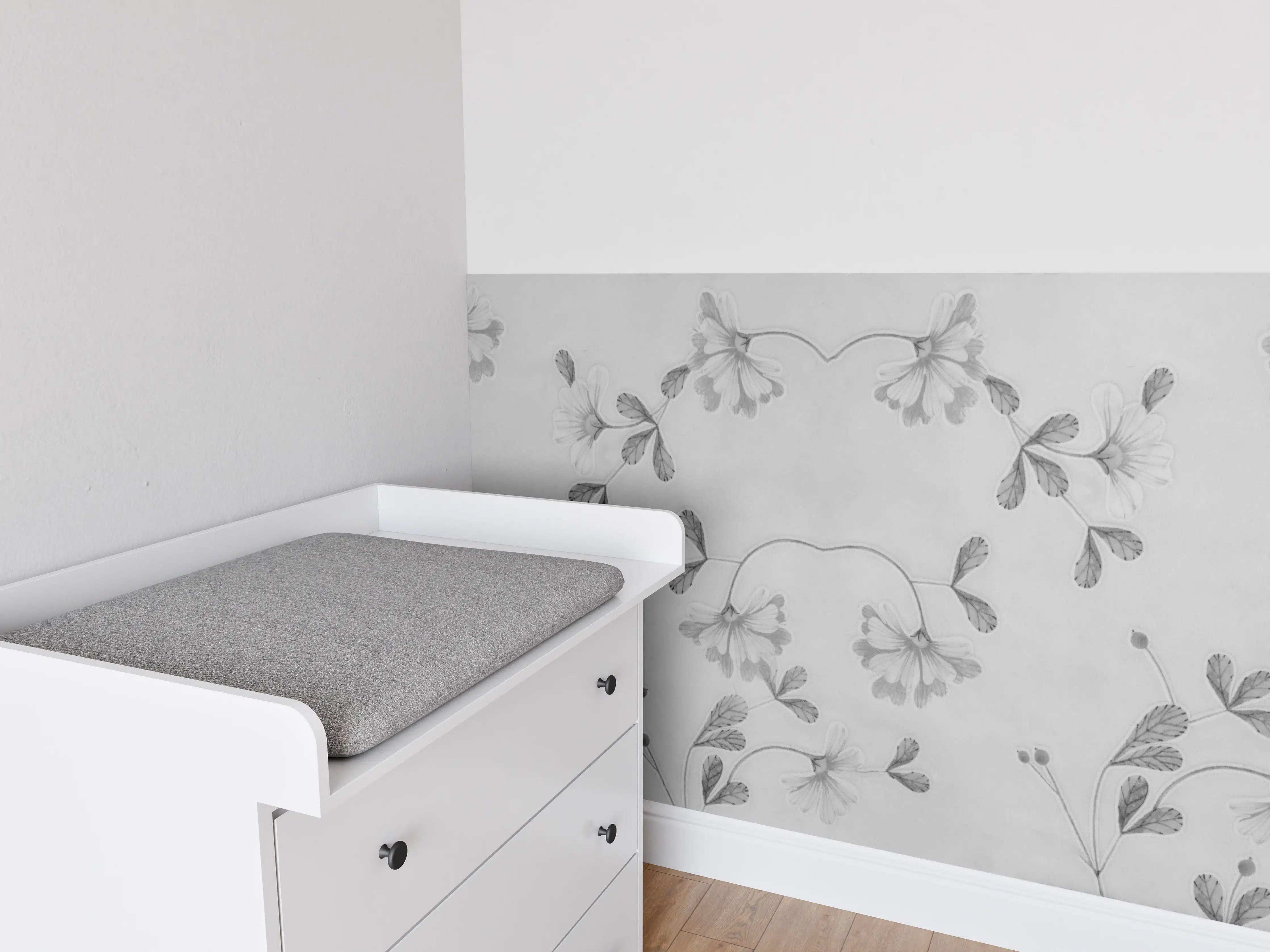 Babyzimmer Wandgestaltung - Elegante Grau-Weiße Blumenmuster