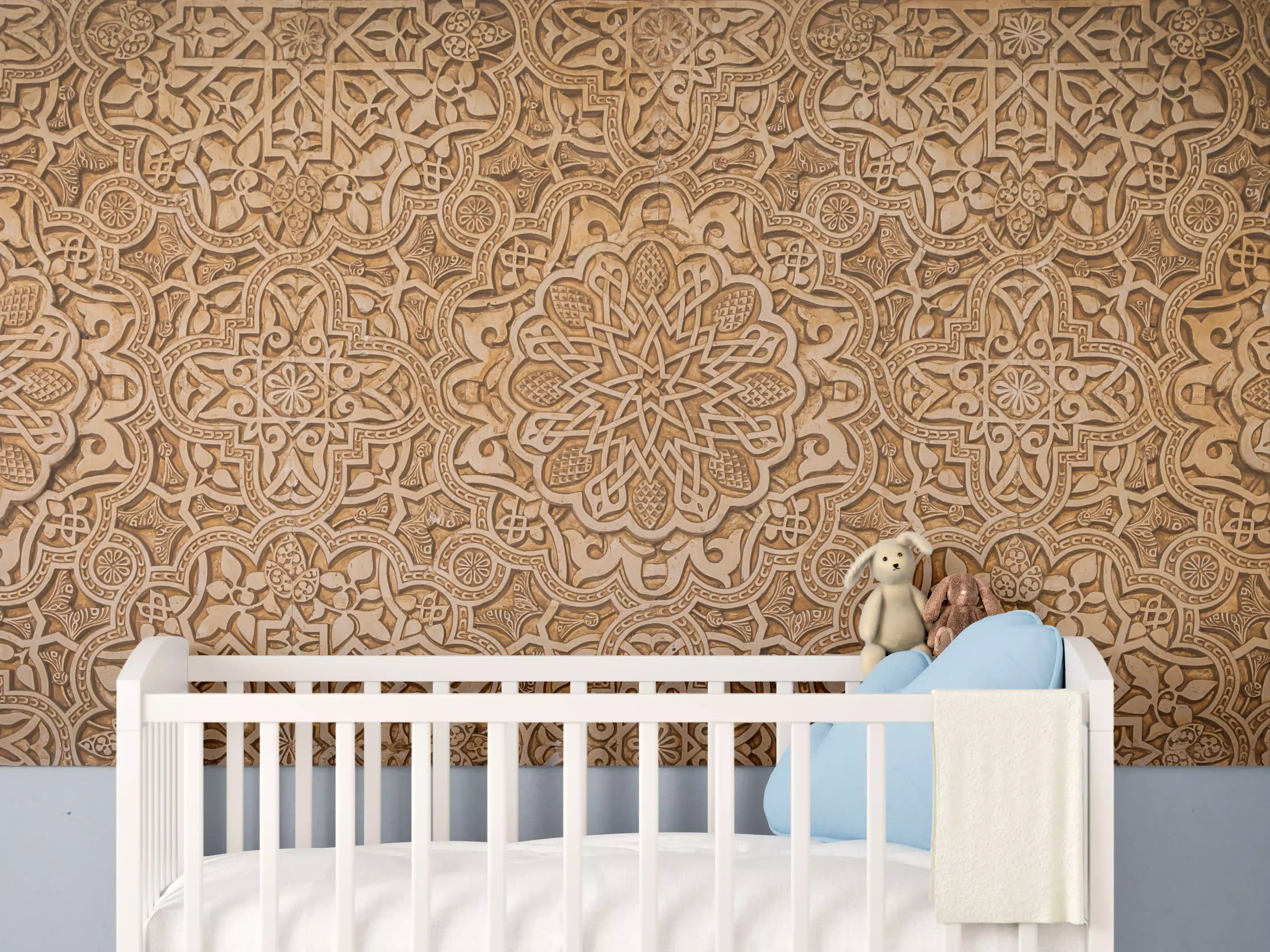 Babyzimmer Wandgestaltung - Elegante Holzmaserung mit floralem Muster