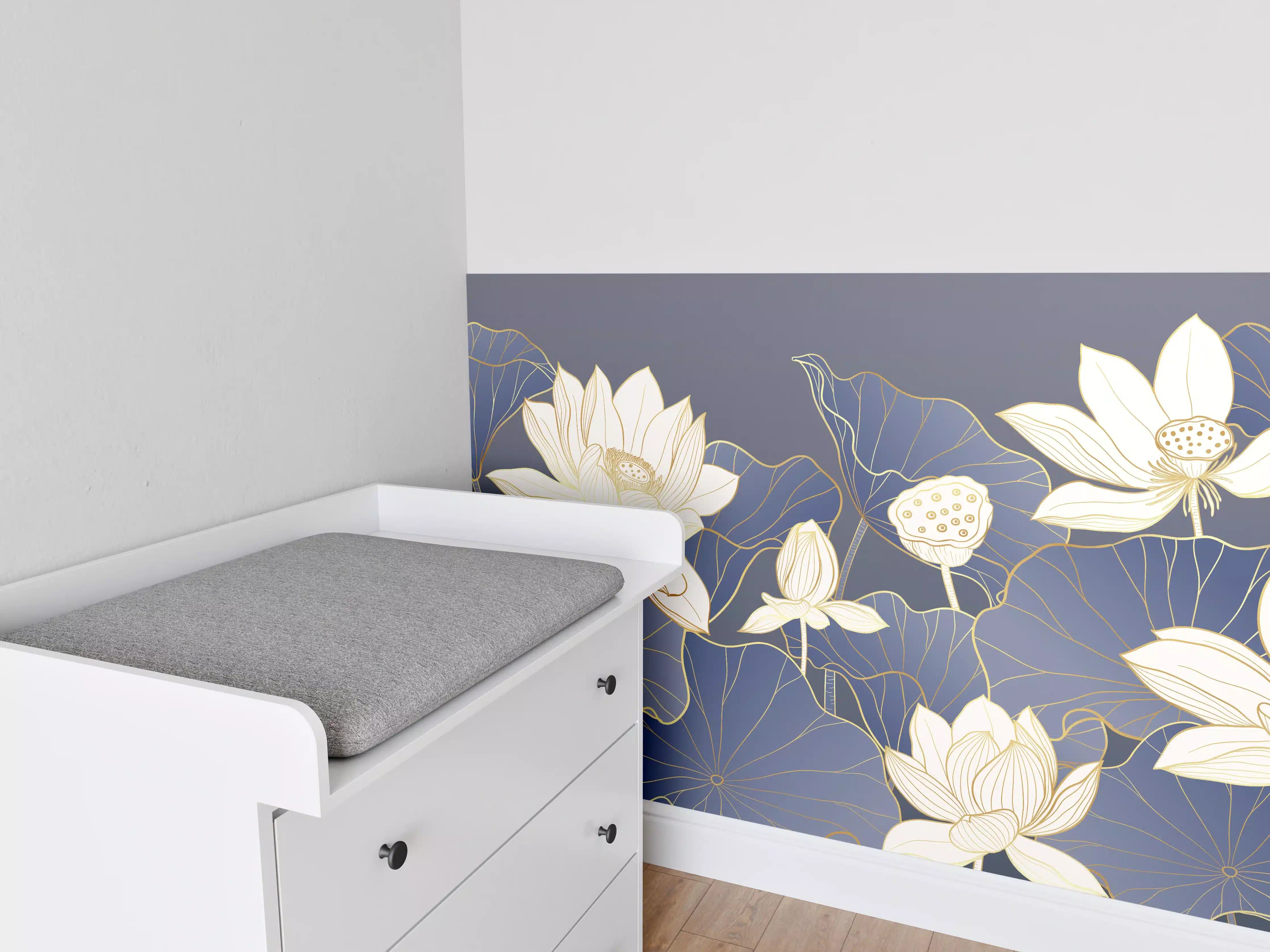 Babyzimmer Wandgestaltung - Elegante Lotusblüten in Blau und Beige