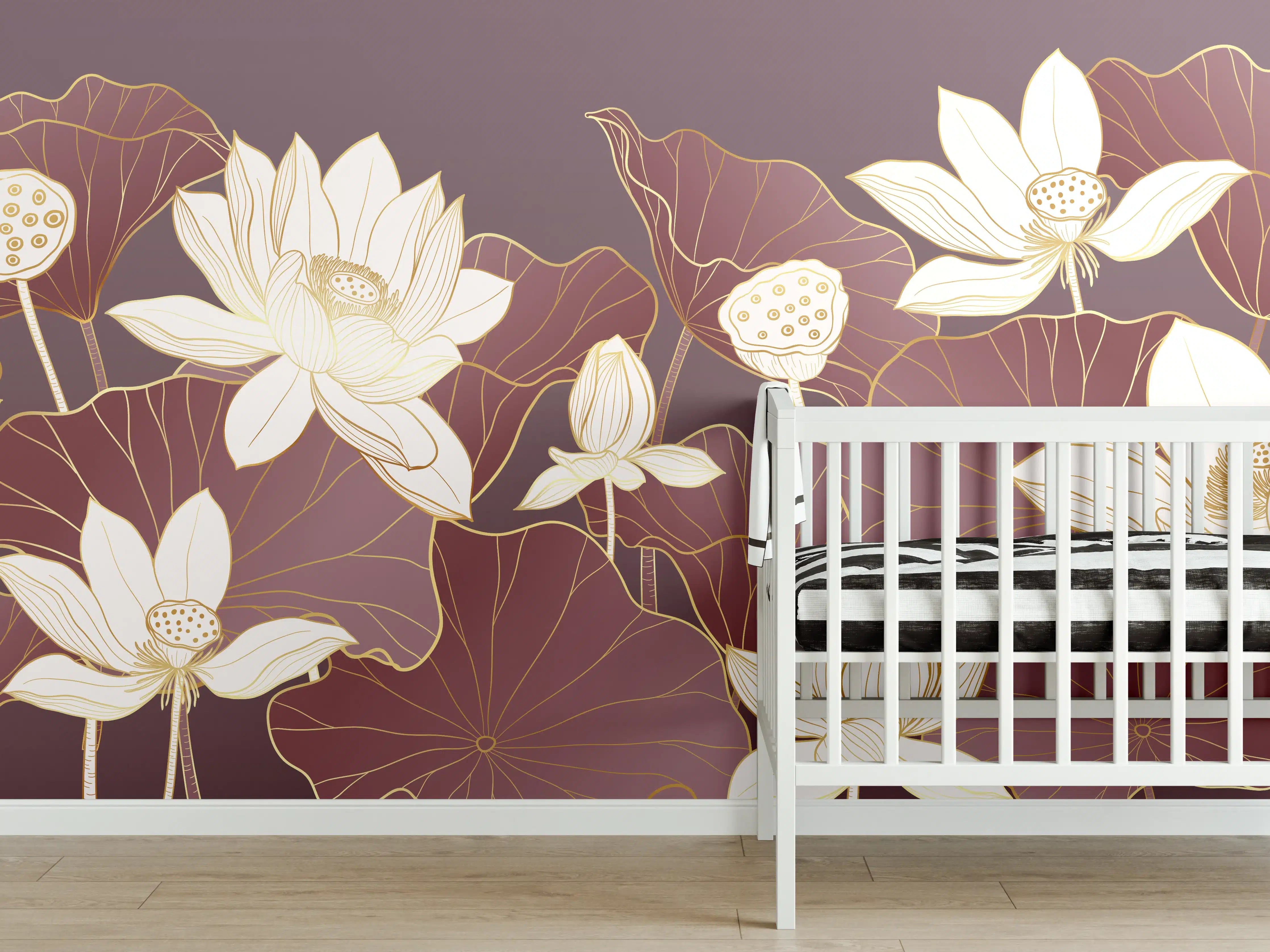 Babyzimmer Wandgestaltung - Elegante Lotusblumen auf goldigem Hintergrund