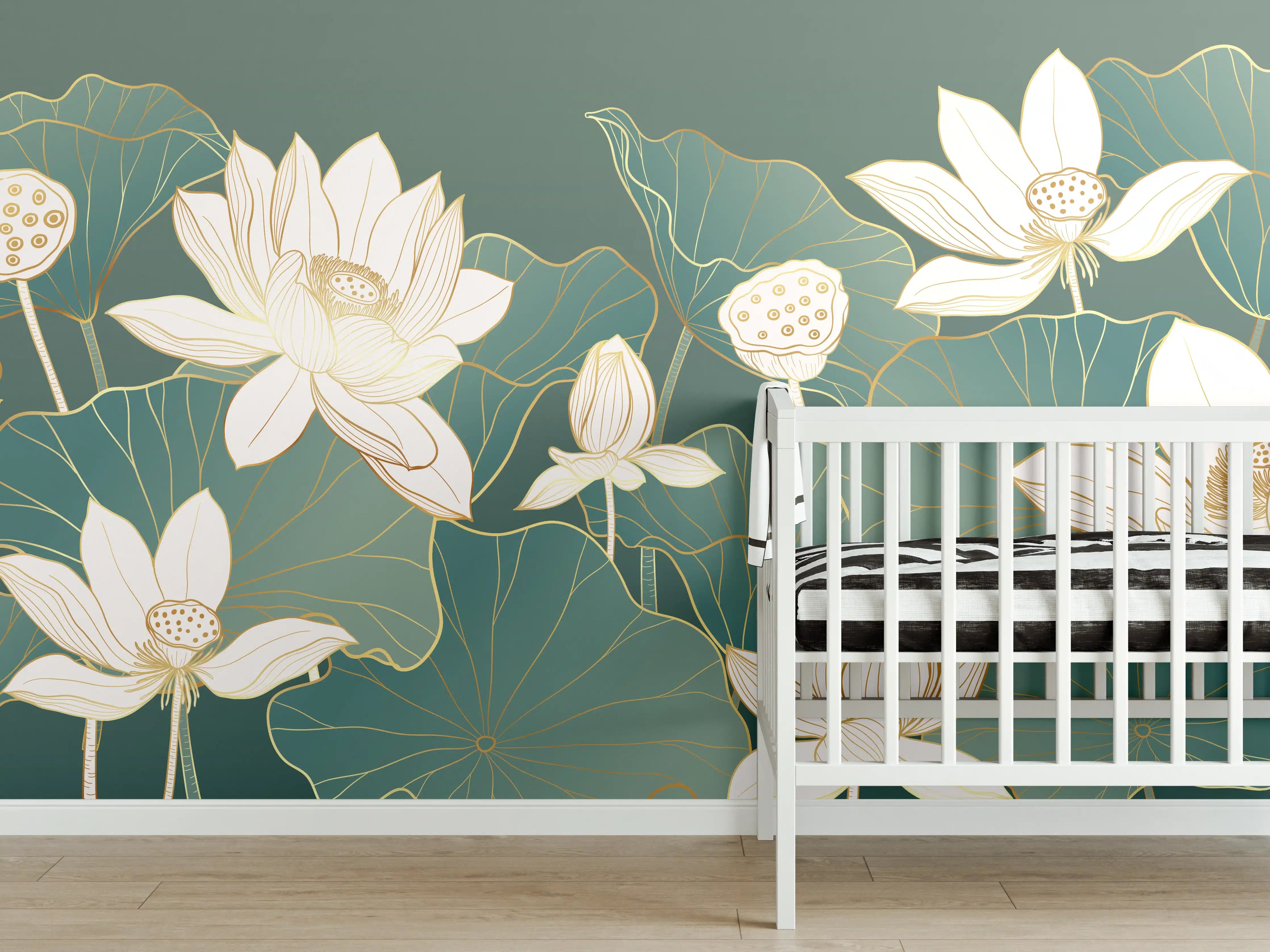 Babyzimmer Wandgestaltung - Elegante Lotusblumen auf grünen Blättern