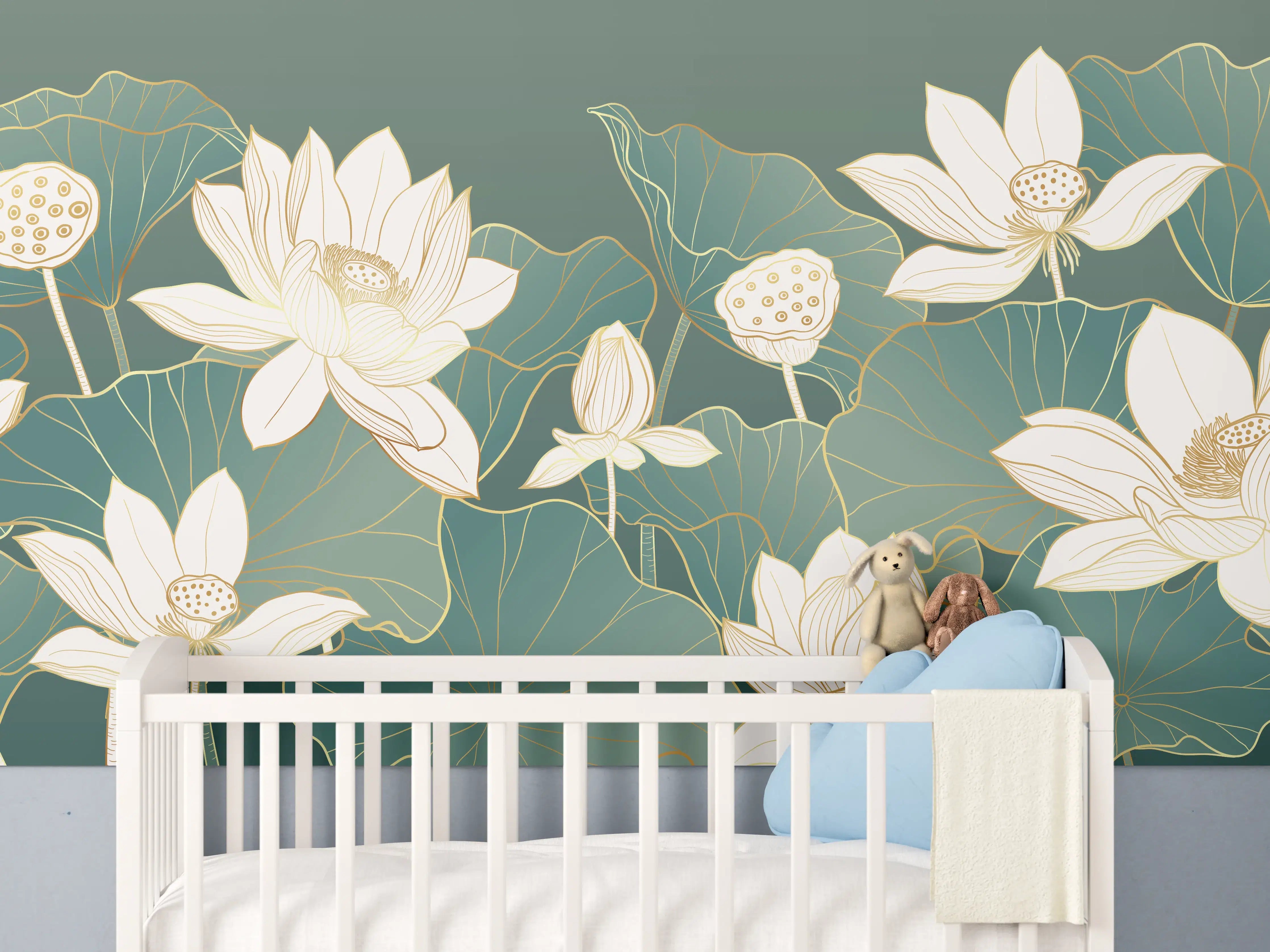 Babyzimmer Wandgestaltung - Elegante Lotusblumen auf grünen Blättern