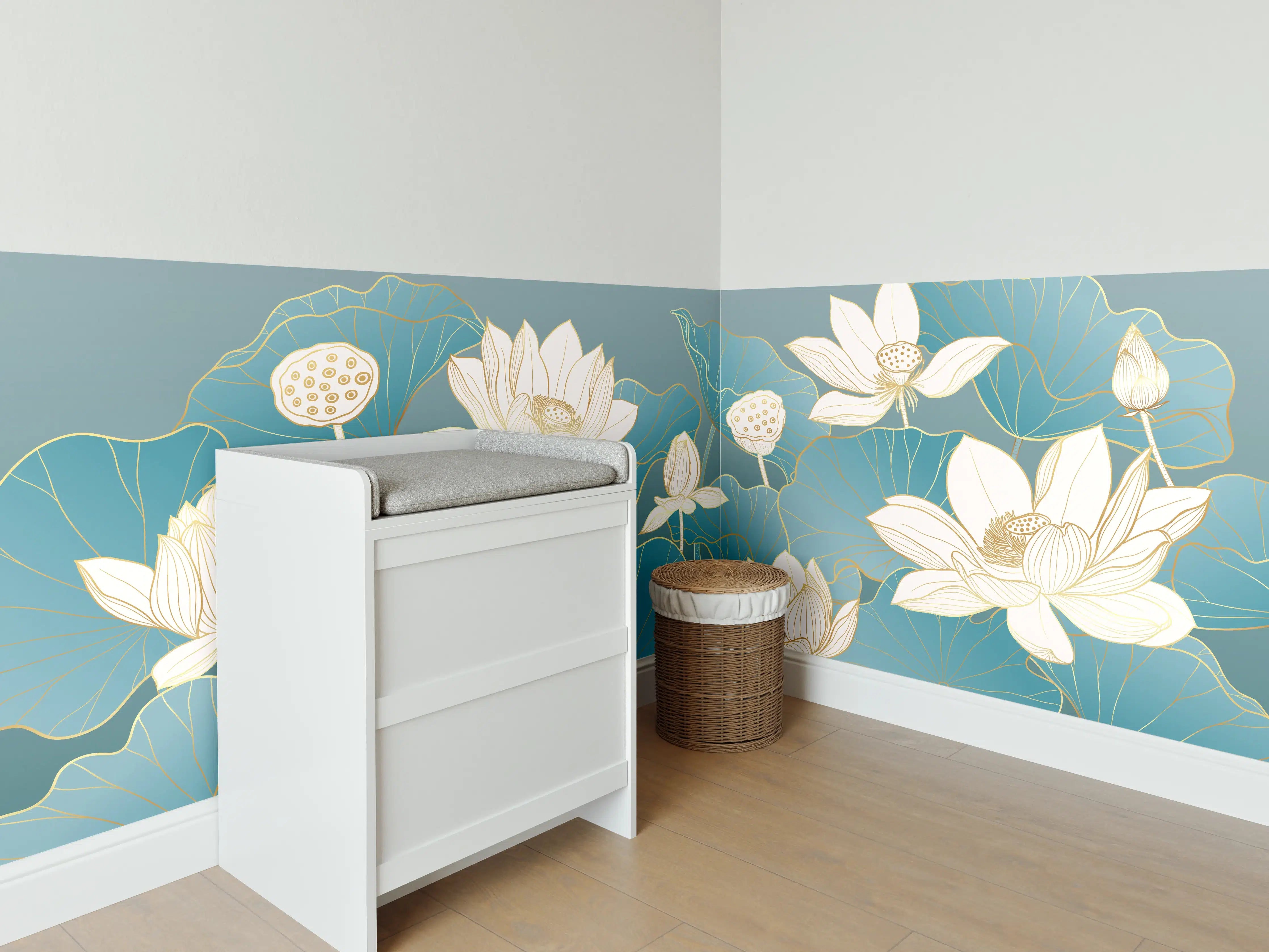 Babyzimmer Wandgestaltung - Elegante Lotusblumen in Blau und Weiß