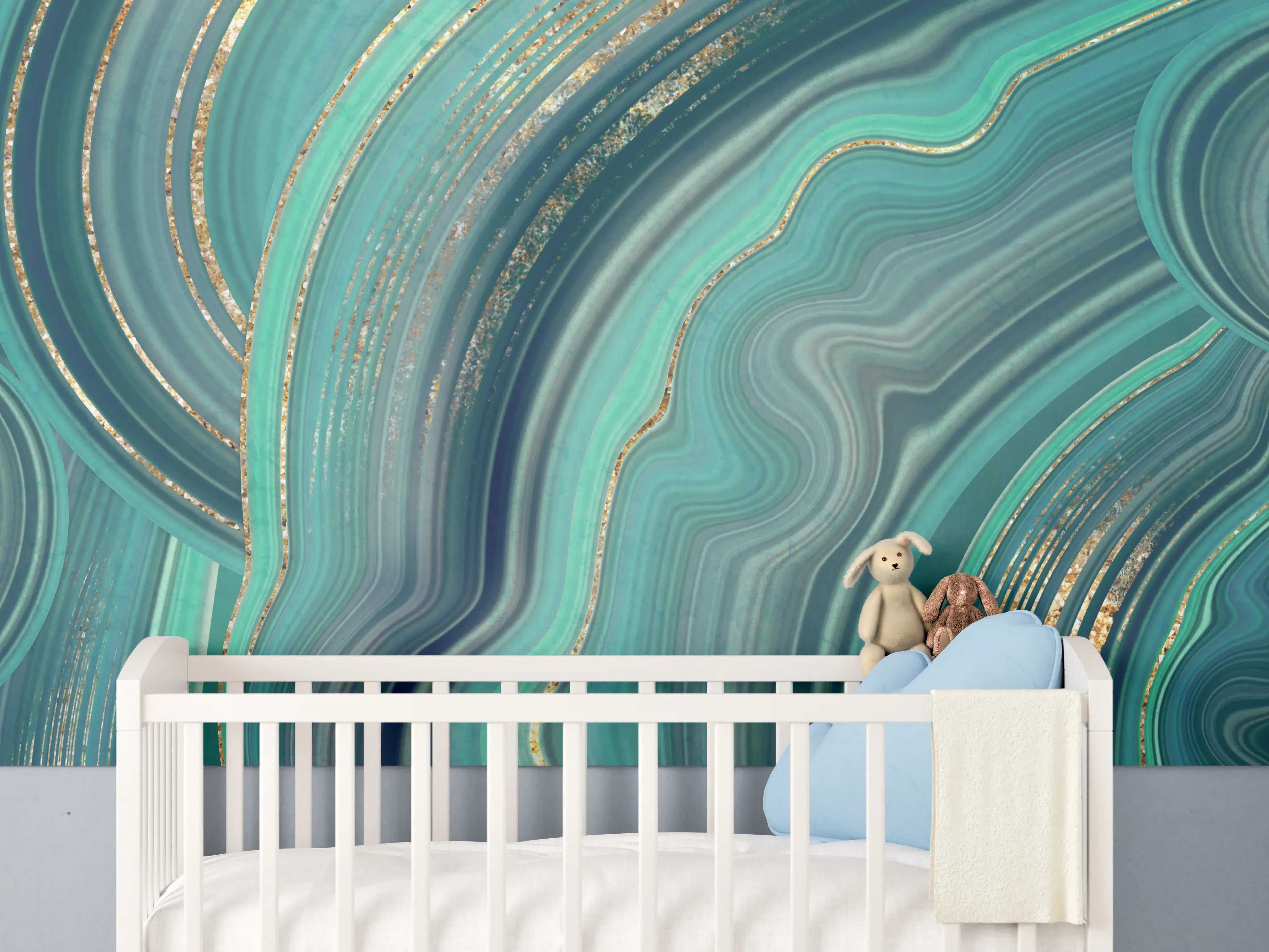 Babyzimmer Wandgestaltung - Elegante Meereswellen in Blau und Gold