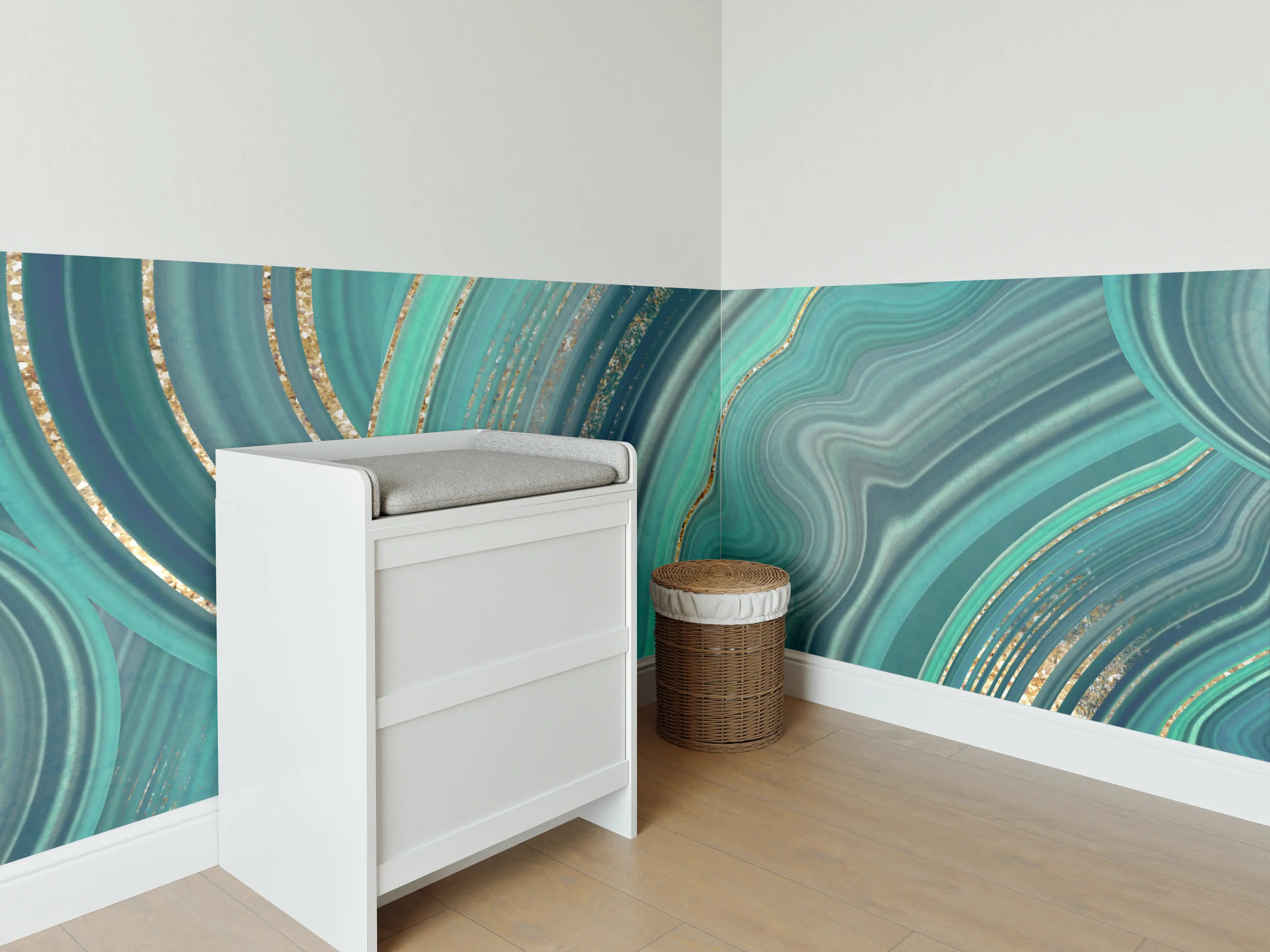 Babyzimmer Wandgestaltung - Elegante Meereswellen in Blau und Gold