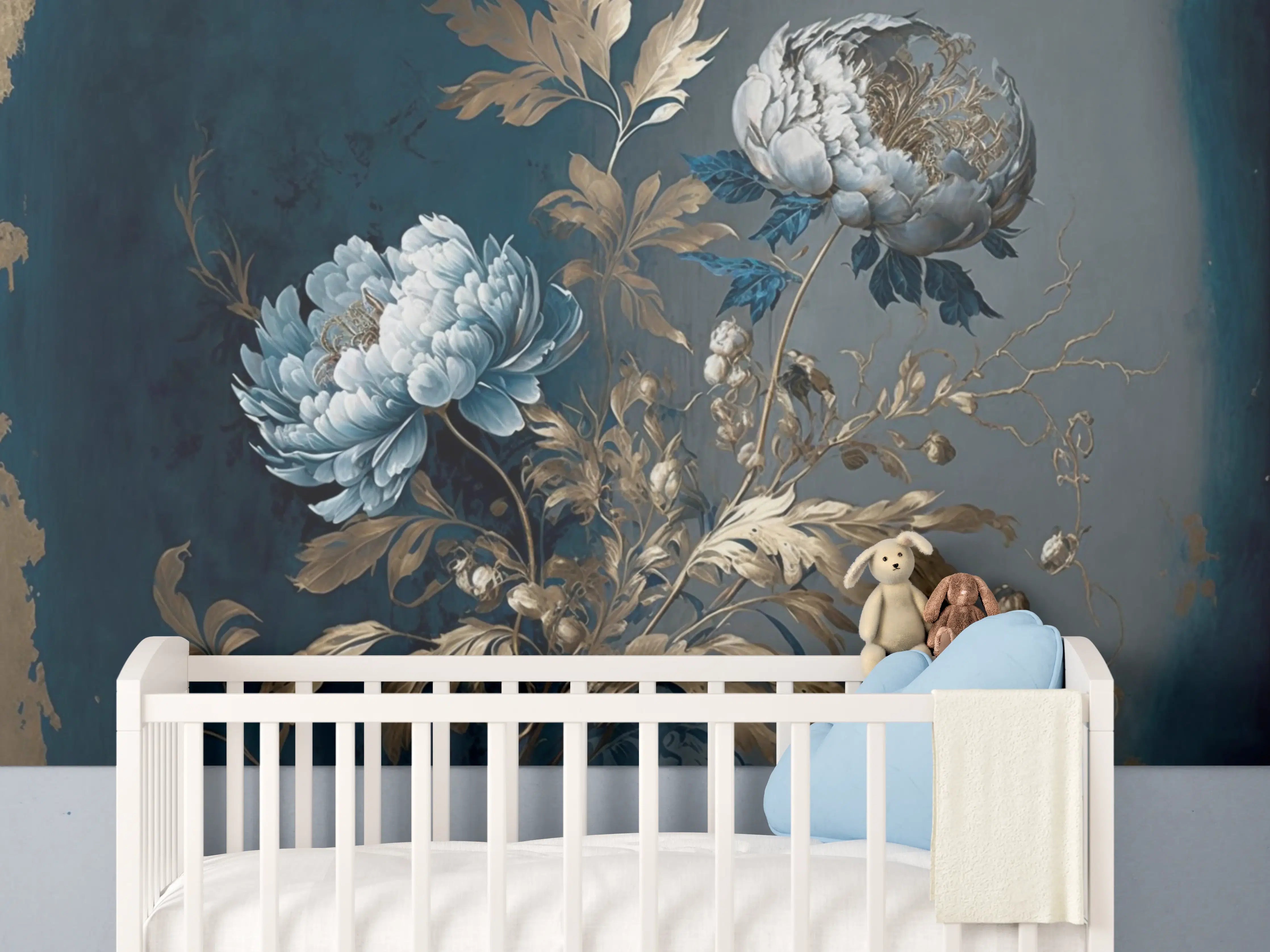 Babyzimmer Wandgestaltung - Elegante blühende Peonie in Blau und Gold