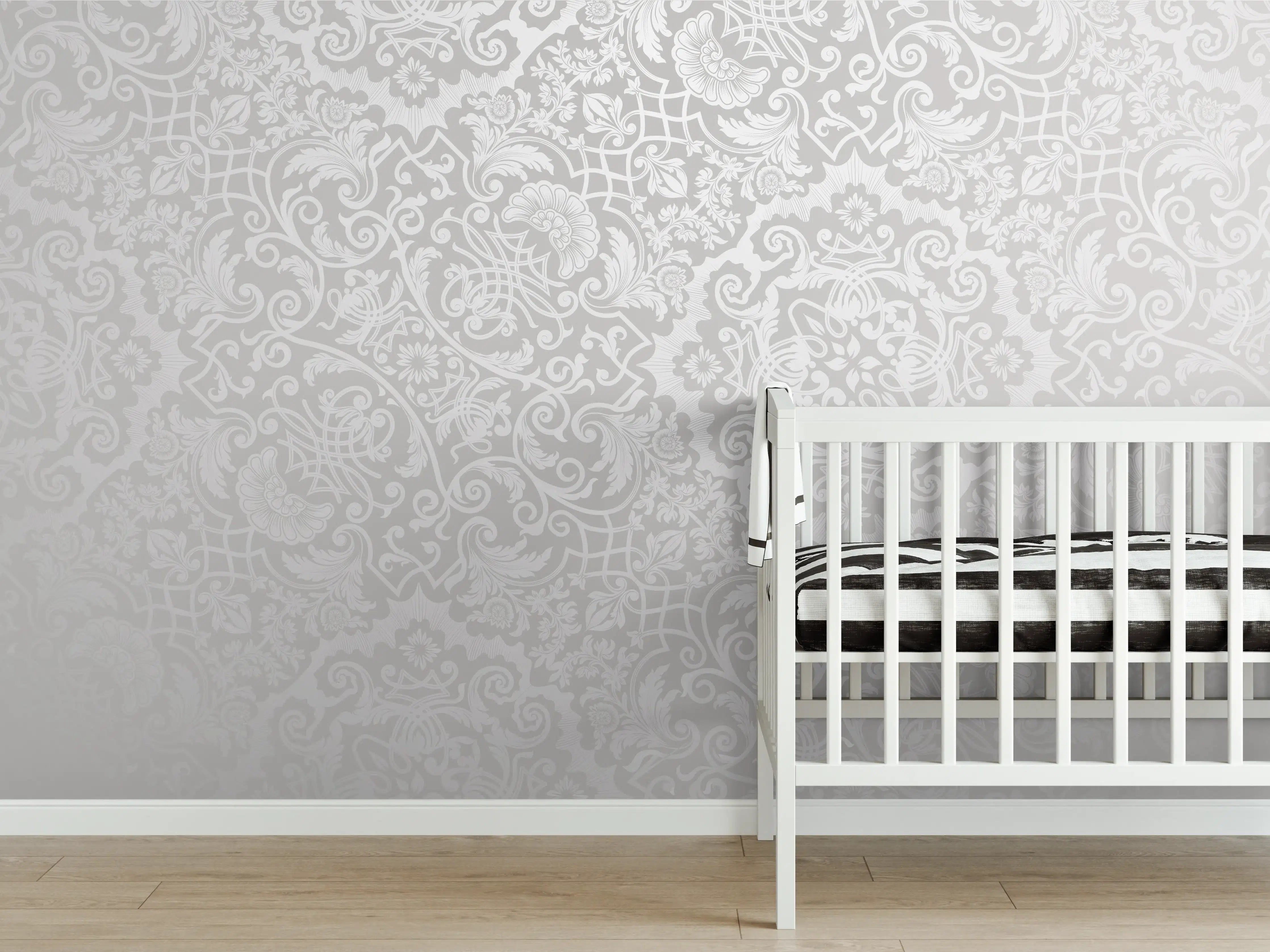 Babyzimmer Wandgestaltung - Elegante weiß-graue Tapetenstruktur