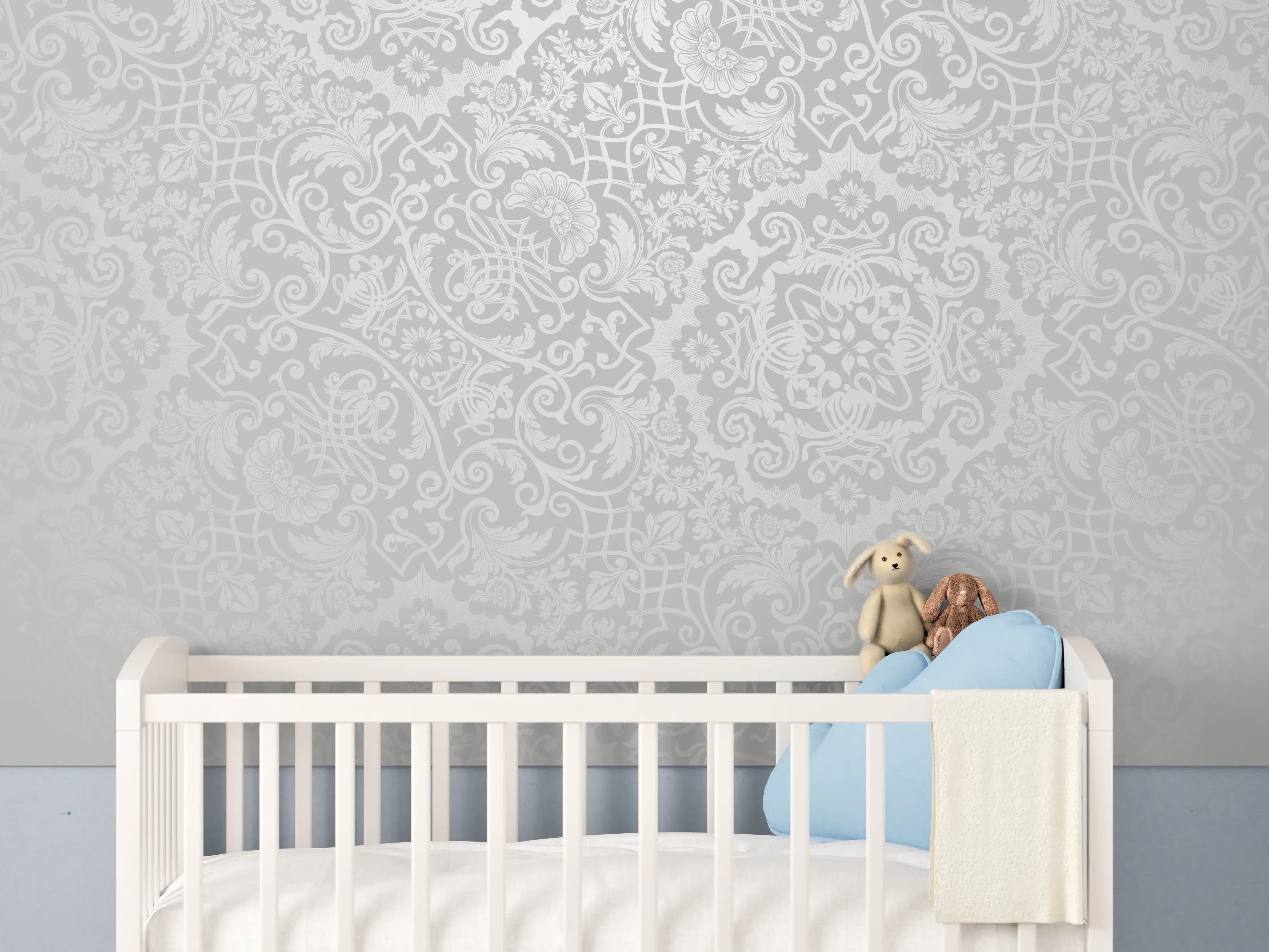 Babyzimmer Wandgestaltung - Elegante weiß-graue Tapetenstruktur