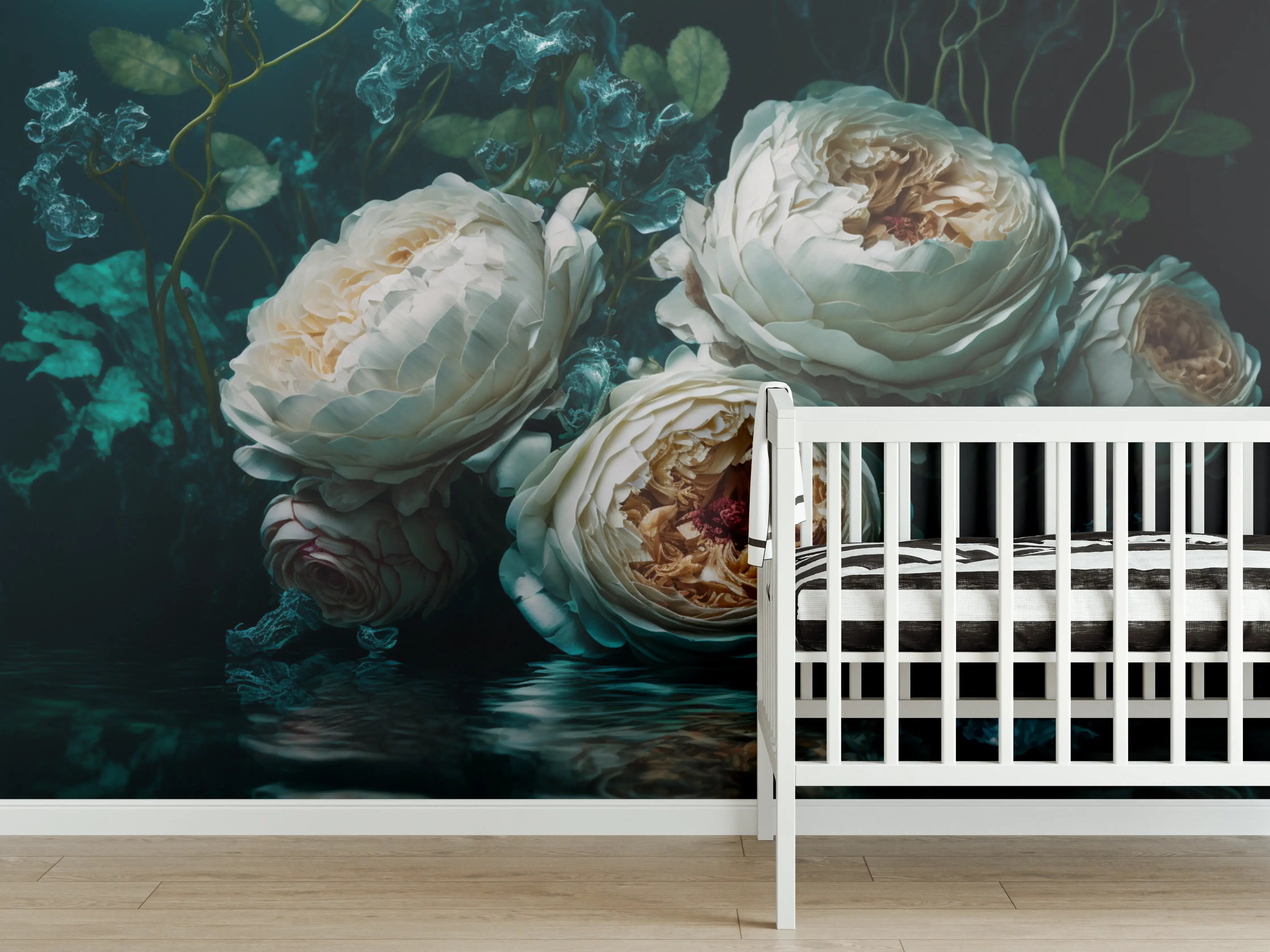 Babyzimmer Wandgestaltung - Elegante weiße Blumenarrangement