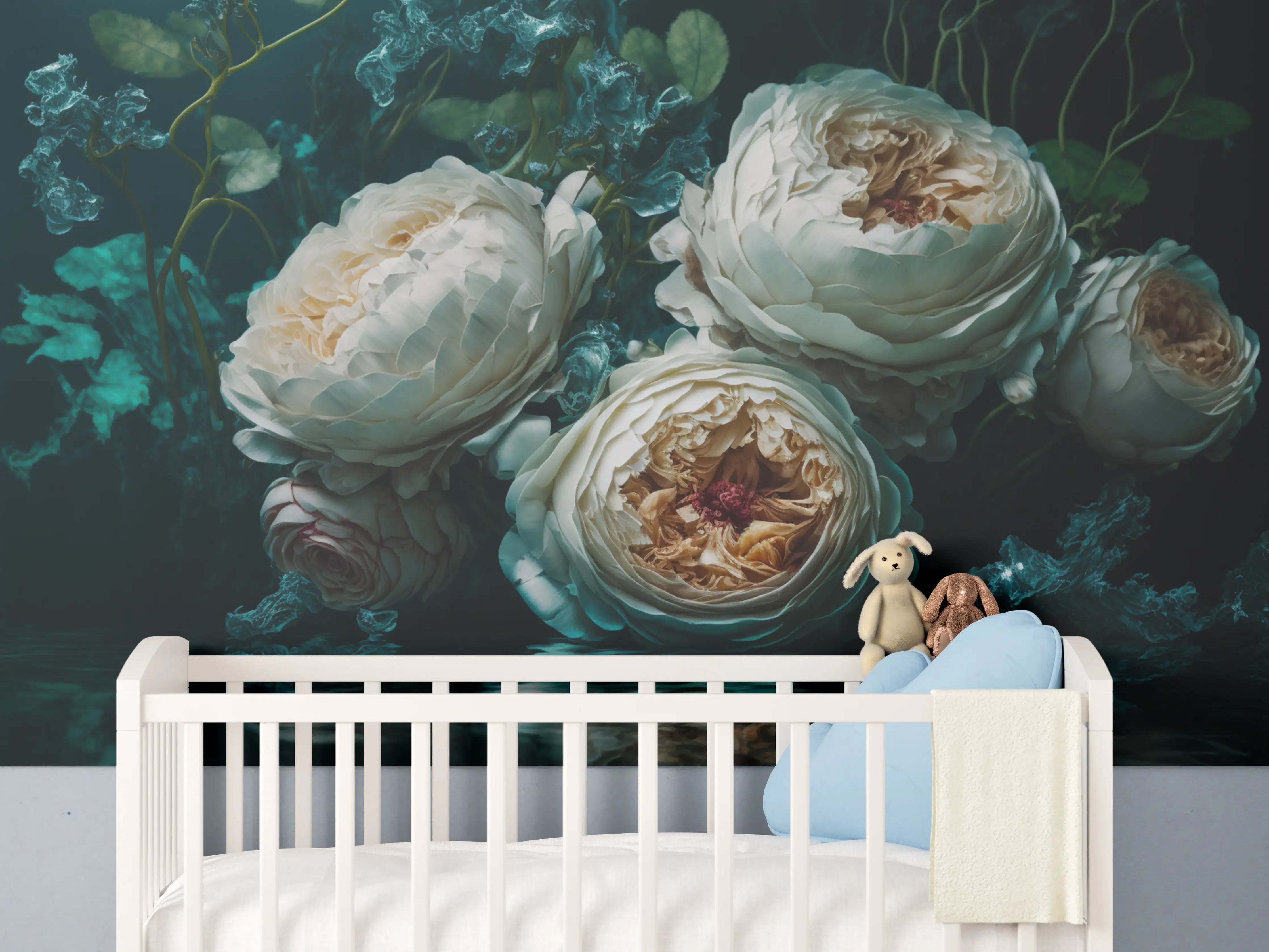 Babyzimmer Wandgestaltung - Elegante weiße Blumenarrangement