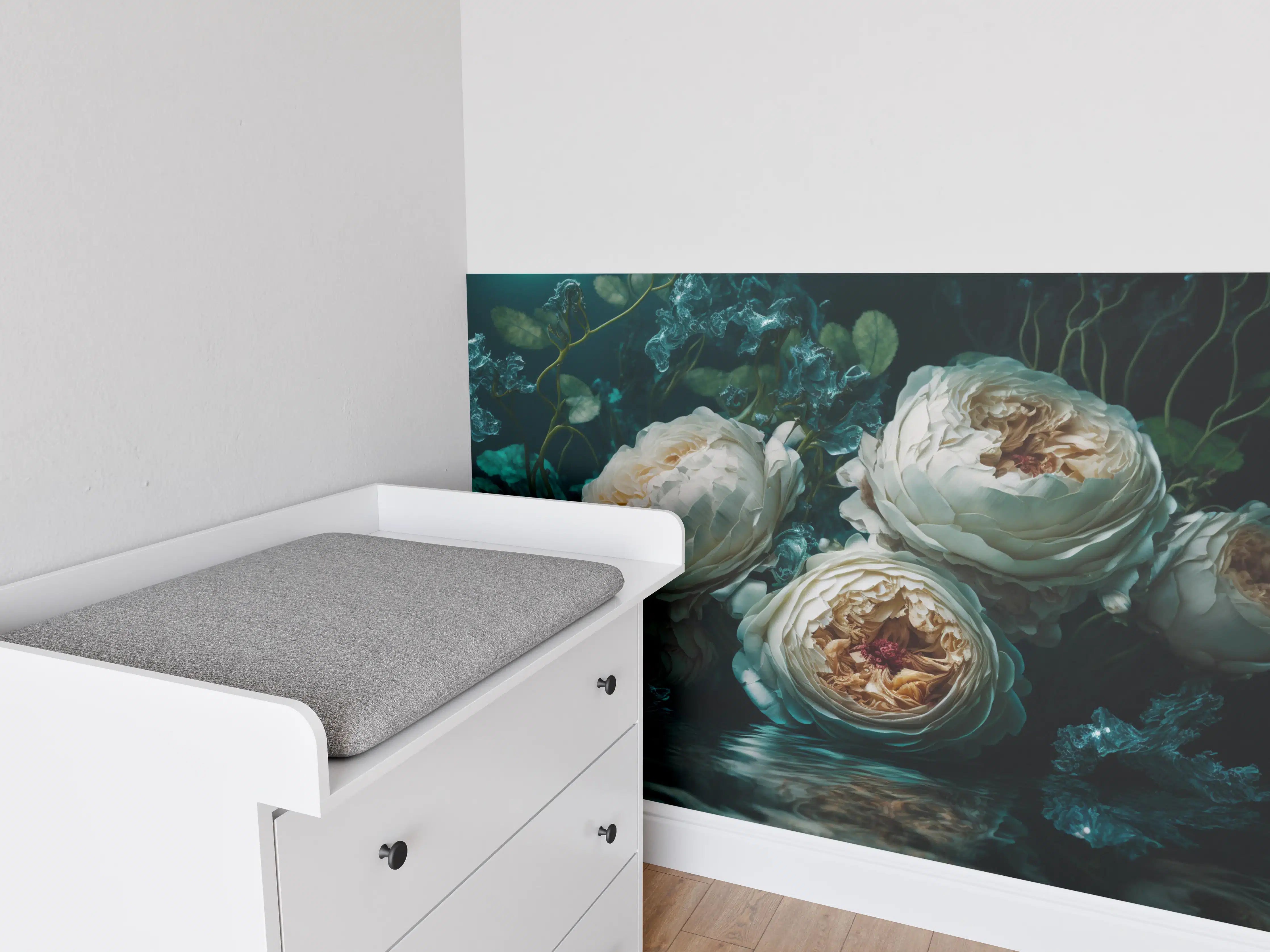 Babyzimmer Wandgestaltung - Elegante weiße Blumenarrangement
