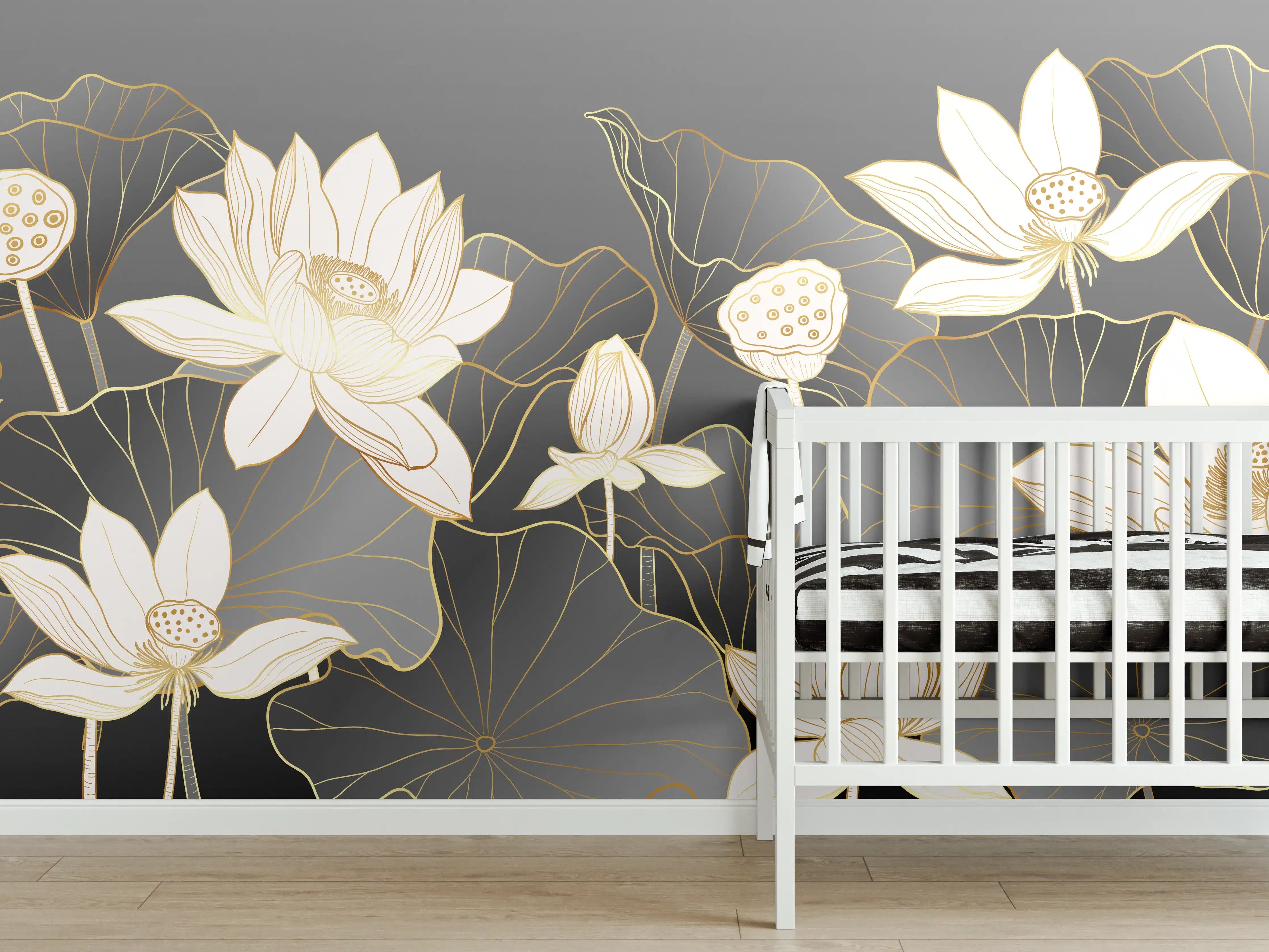 Babyzimmer Wandgestaltung - Elegante weißen Lotusblüten auf dunklem Hintergrund