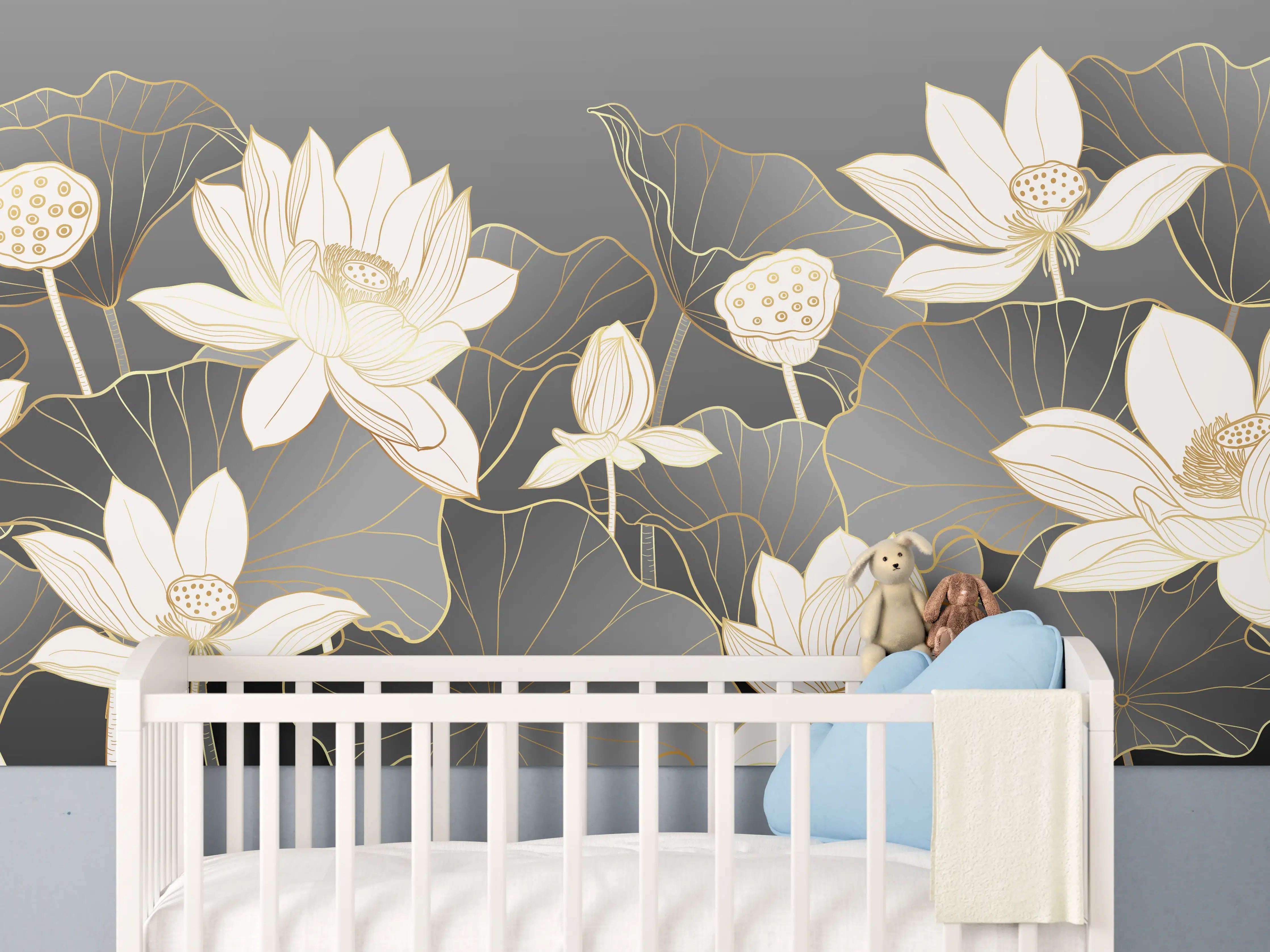 Babyzimmer Wandgestaltung - Elegante weißen Lotusblüten auf dunklem Hintergrund