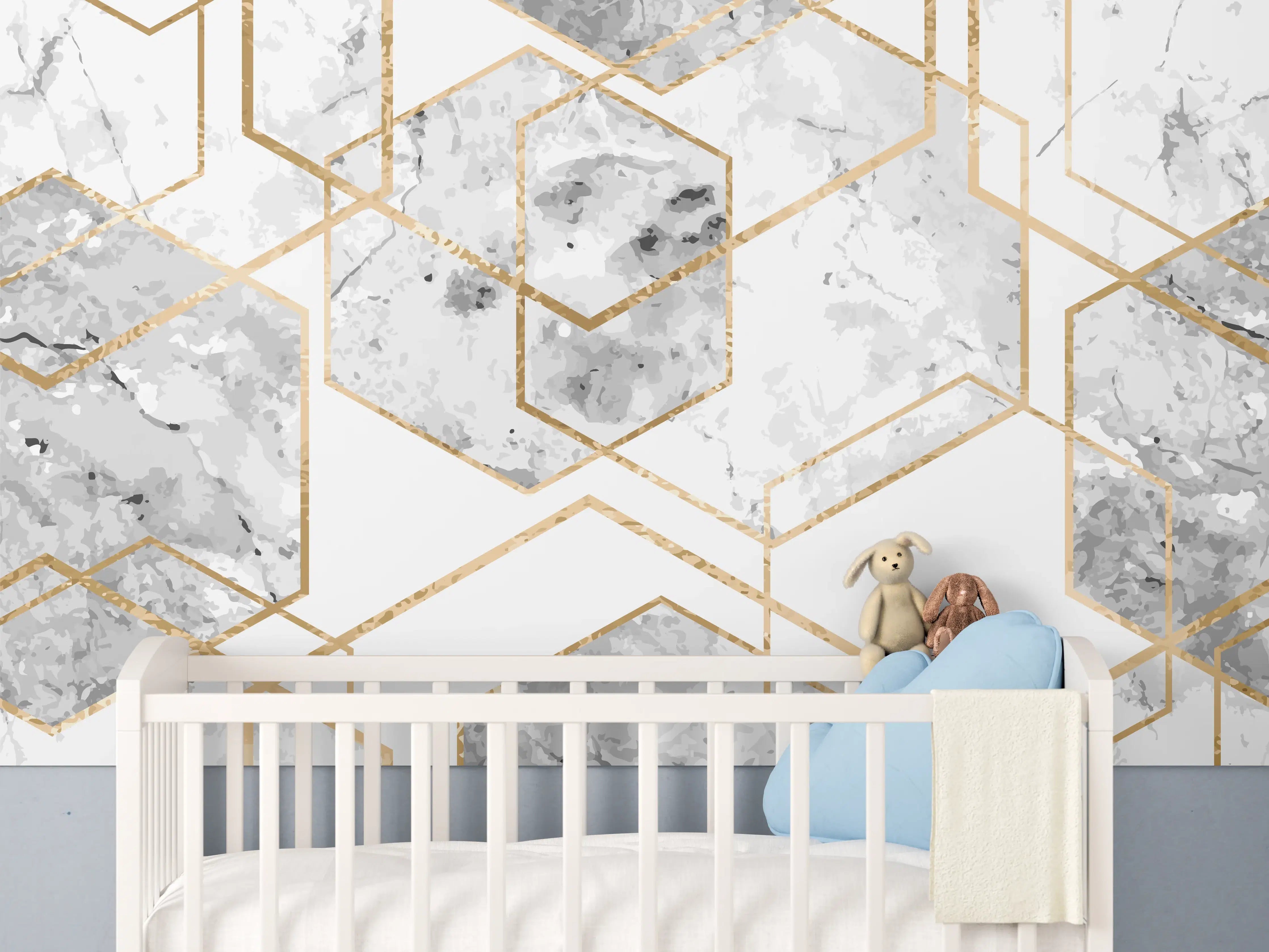 Babyzimmer Wandgestaltung - Eleganter Weiß-Gold Marmor-Look